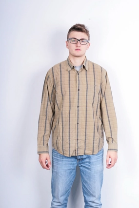 Mexx Mens XL Casual Shirt Check Brown Cotton Buttons Down Long Sleeve