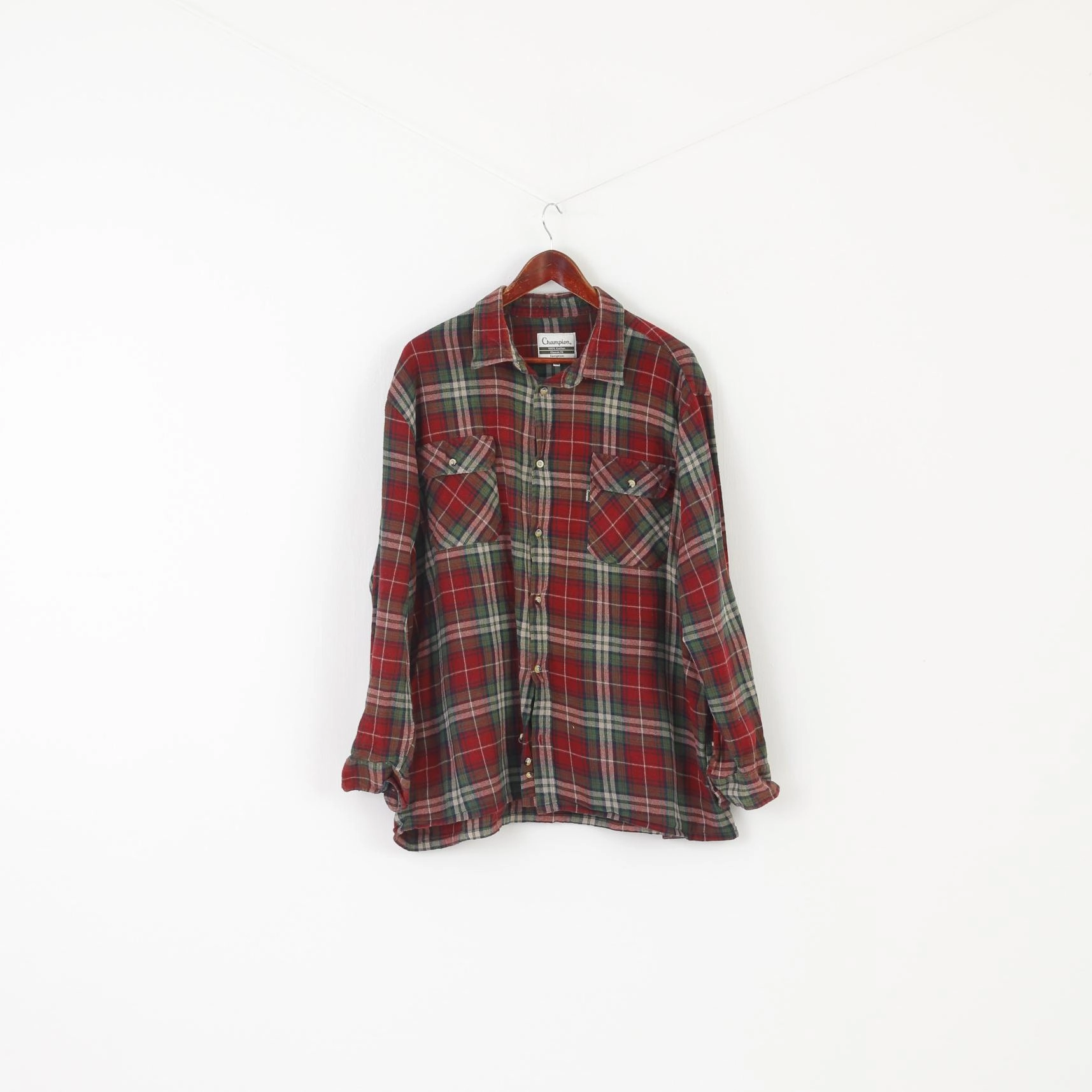 Lounge Wear Plus Size Fit Champion Men 3XL Casual Shirt Red Checkered Vintage Cotton Classic Long Sleeve Top