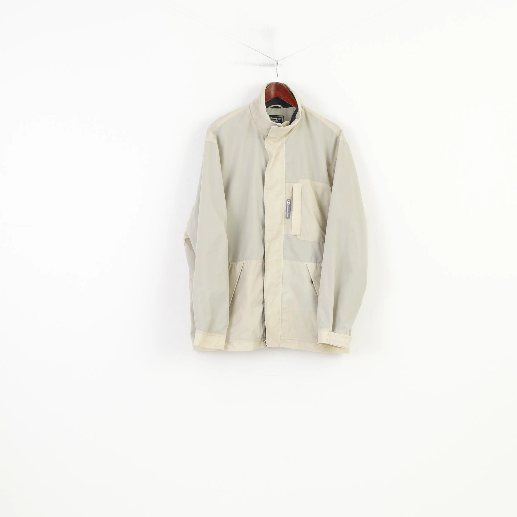 Champion Men L Jacket Beige Full Zipper  Nylon Vintage Pockets Outwear  Top Shampoo