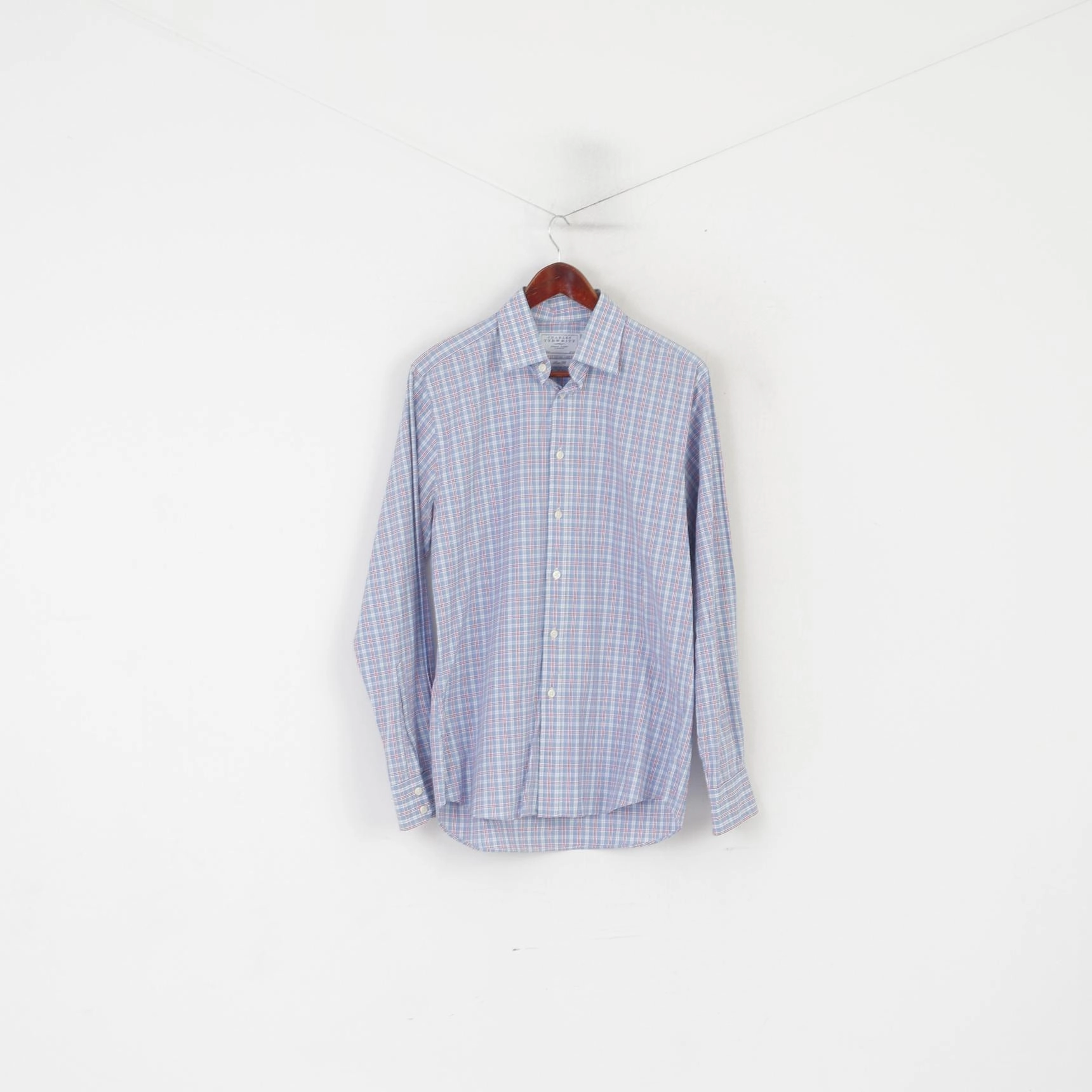 Charles Tyrwhitt Men 15.5 39 M Casual Shirt Blue Cotton Checkered Long Sleeve Top Oversized style Holiday Style