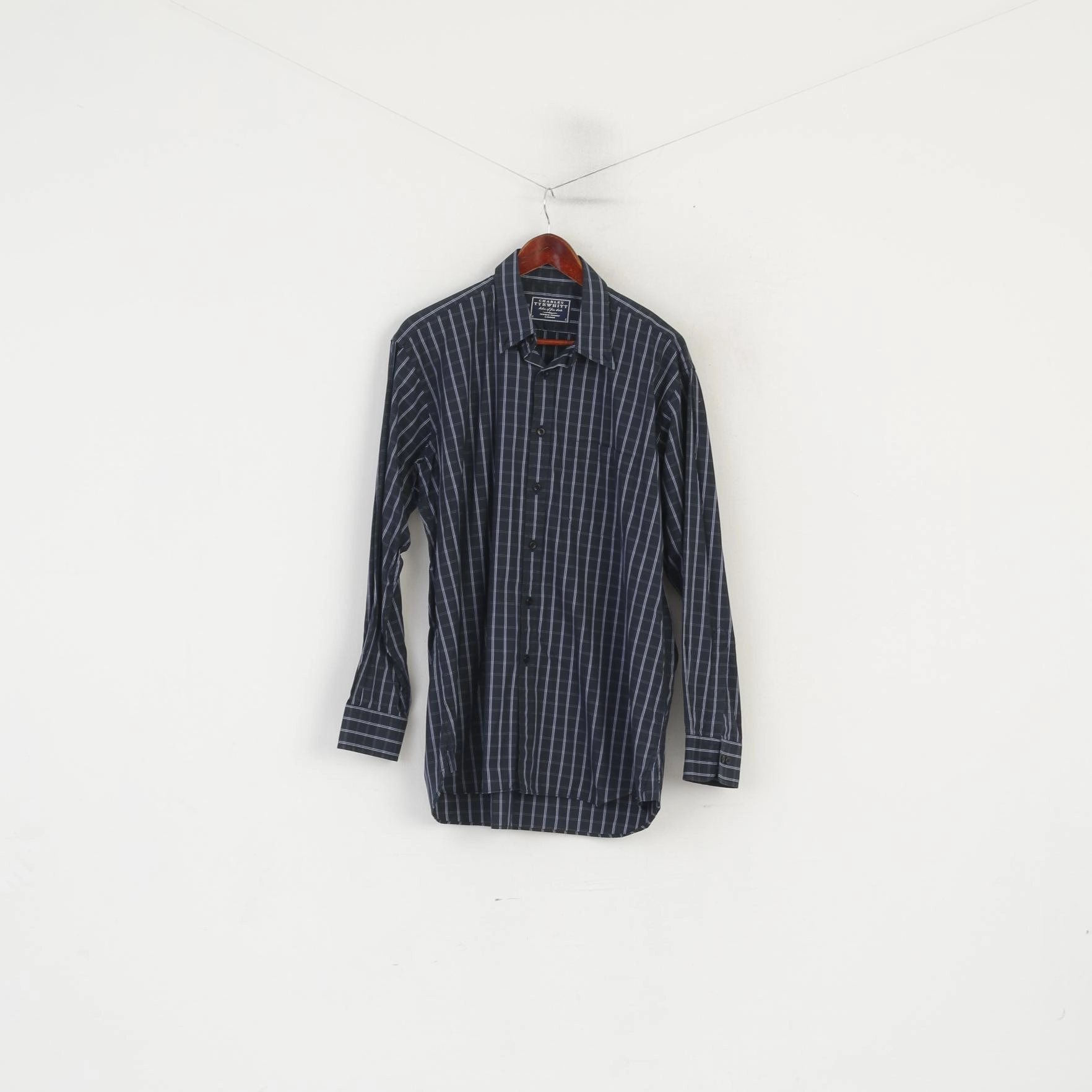 Hidden Placket Static Dissipating Fiber Charles Tyrwhitt Men L Casual Shirt Navy Cotton Checkered Button Down Collar Top