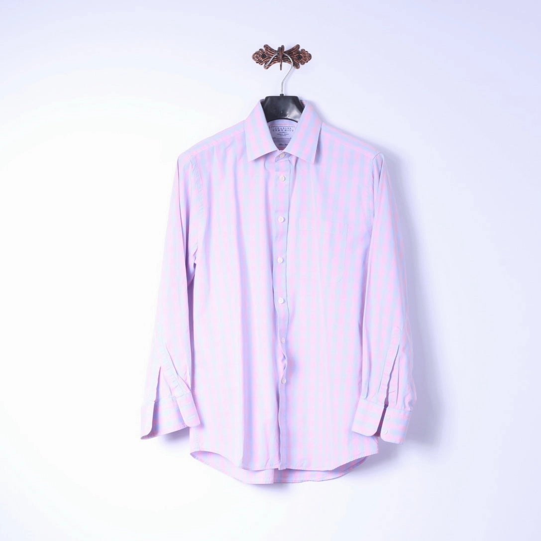 Charles Tyrwhitt Mens 16 41 L Casual Shirt Pink Blue Check Cotton Long Sleeve Easy Styling