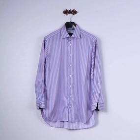 Charles Tyrwhitt Mens 16.5 34 L Casual Shirt Blue Cotton Striped Long Sleeve Pure Cotton Tailored Silhouette