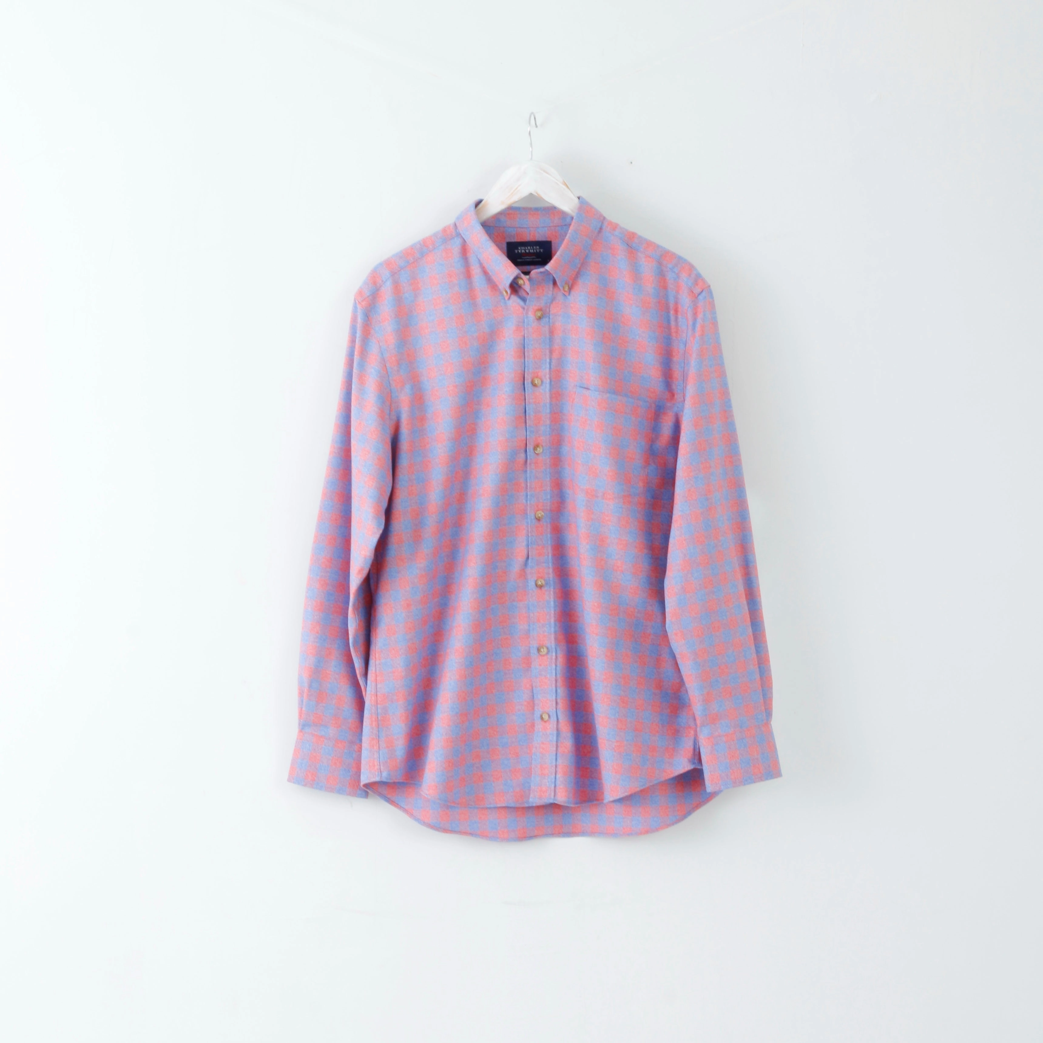 Smooth Zipper Design Charles Tyrwhitt Mens L Casual Shirt Red Blue Long Sleeve Slim Fit Checked Non Iron