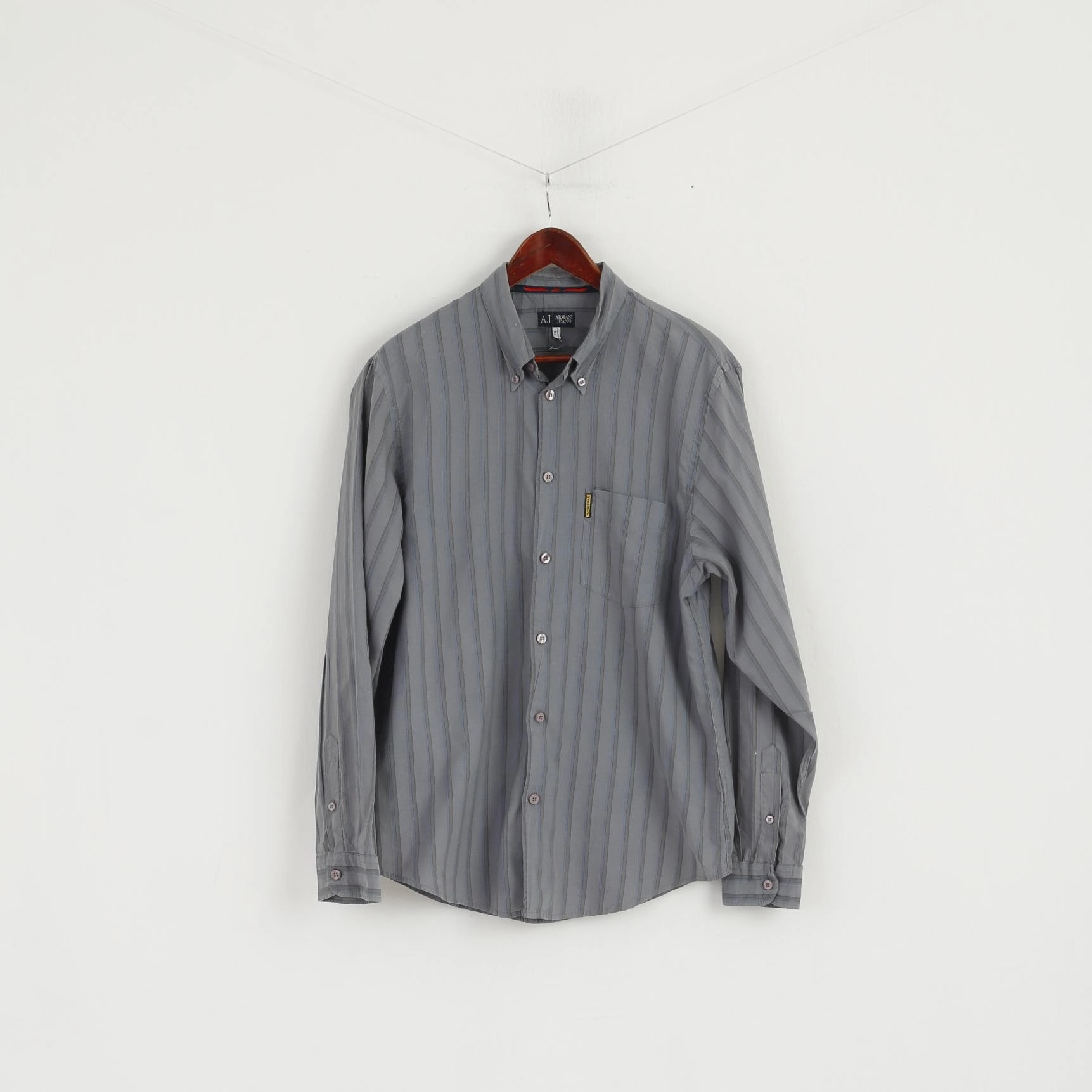 Armani Jeans Men XL (L) Casual Shirt Grey Blue Striped Cotton Long Sleeve Top Low Maintenance Relaxed Silhouette