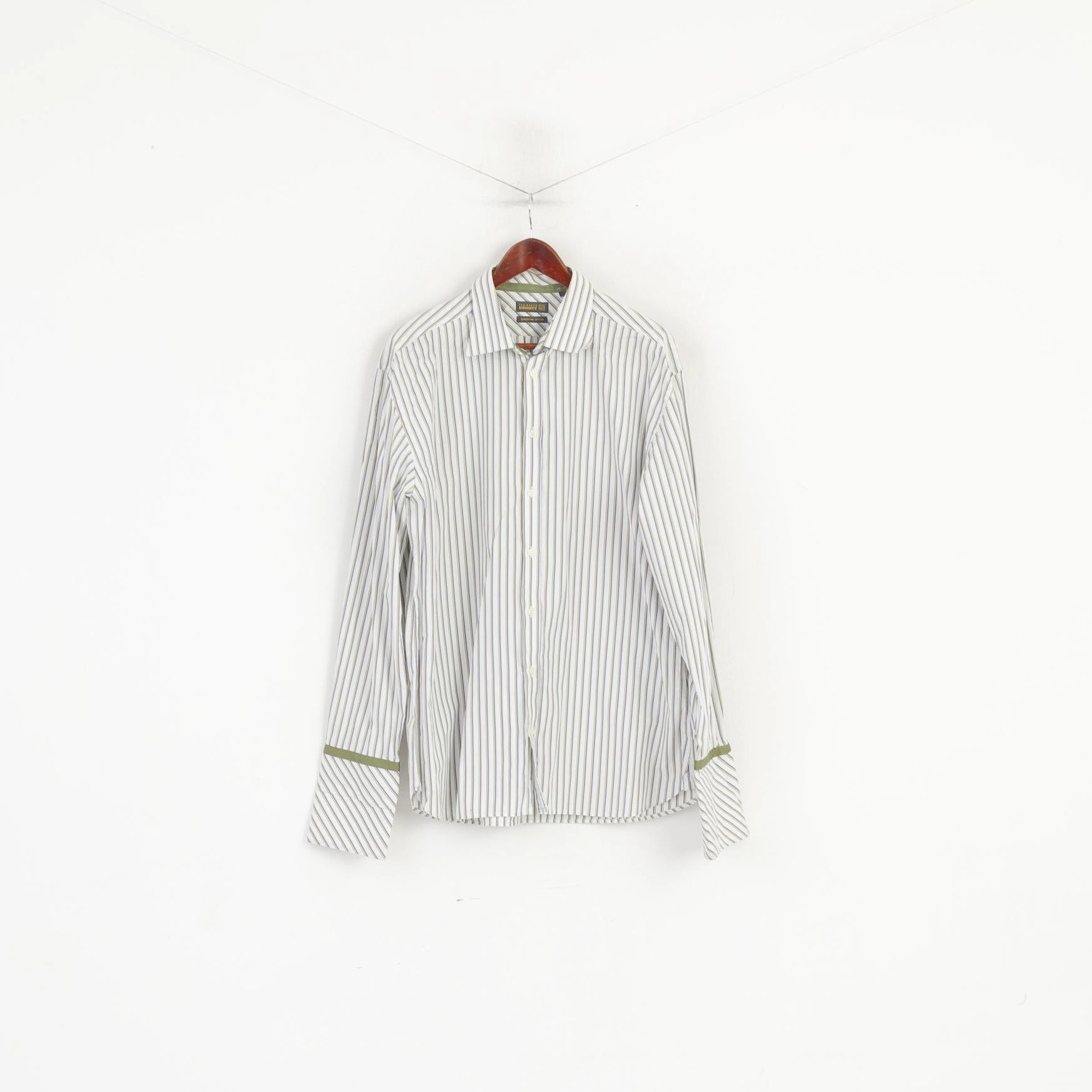 Tailored Style Ted Baker Endurance Men 17.5 44.5 XL Casual Shirt Green Striped Cotton Cuff Top