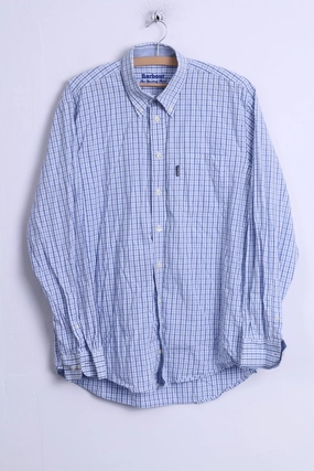 Barbour Mens L Casual Shirt Blue Cotton Long Sleeve Checkered Button Down Collar High-Quality Fabric