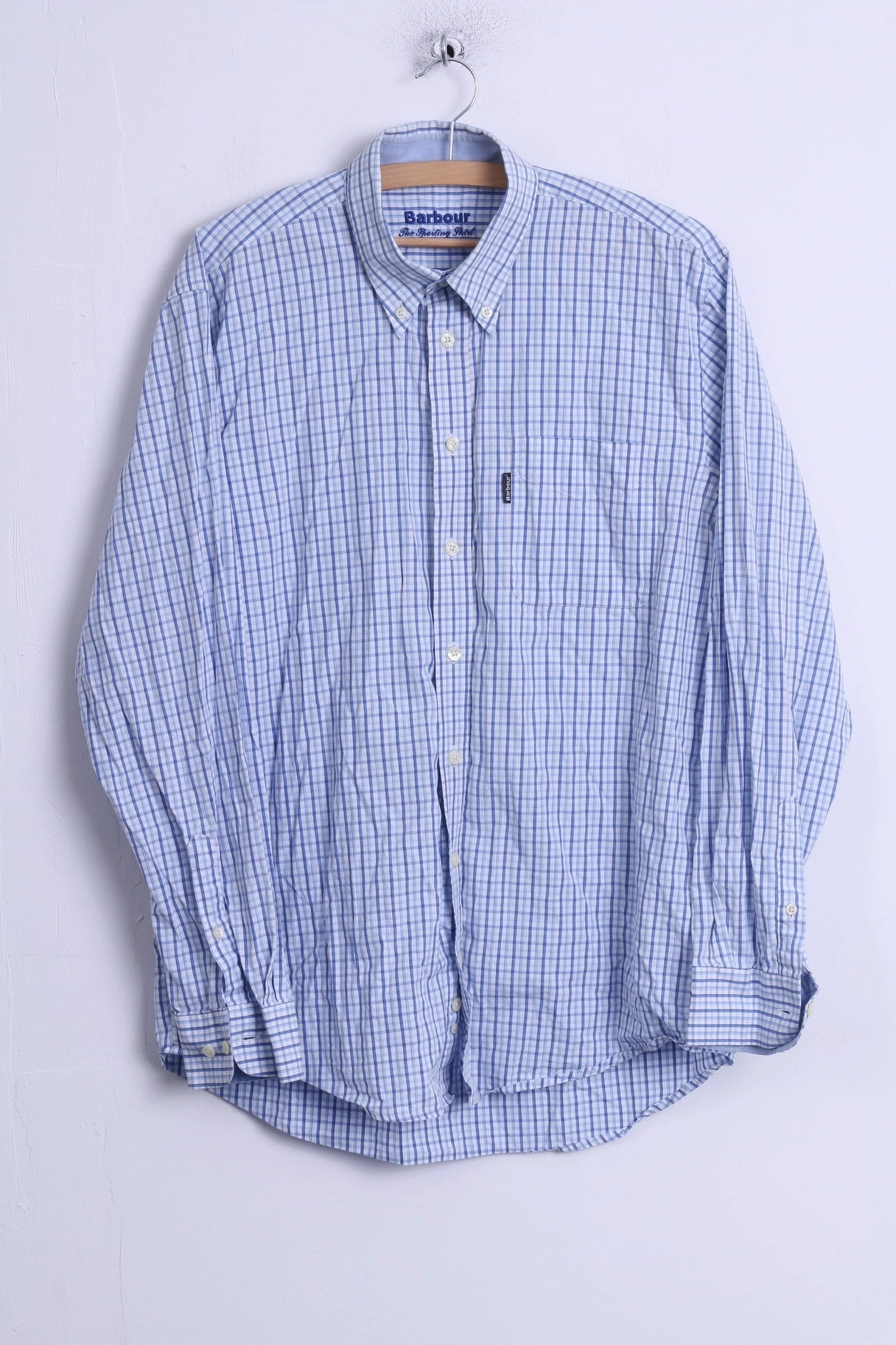 Barbour Mens L Casual Shirt Blue Cotton Long Sleeve Checkered Button Down Collar High-Quality Fabric