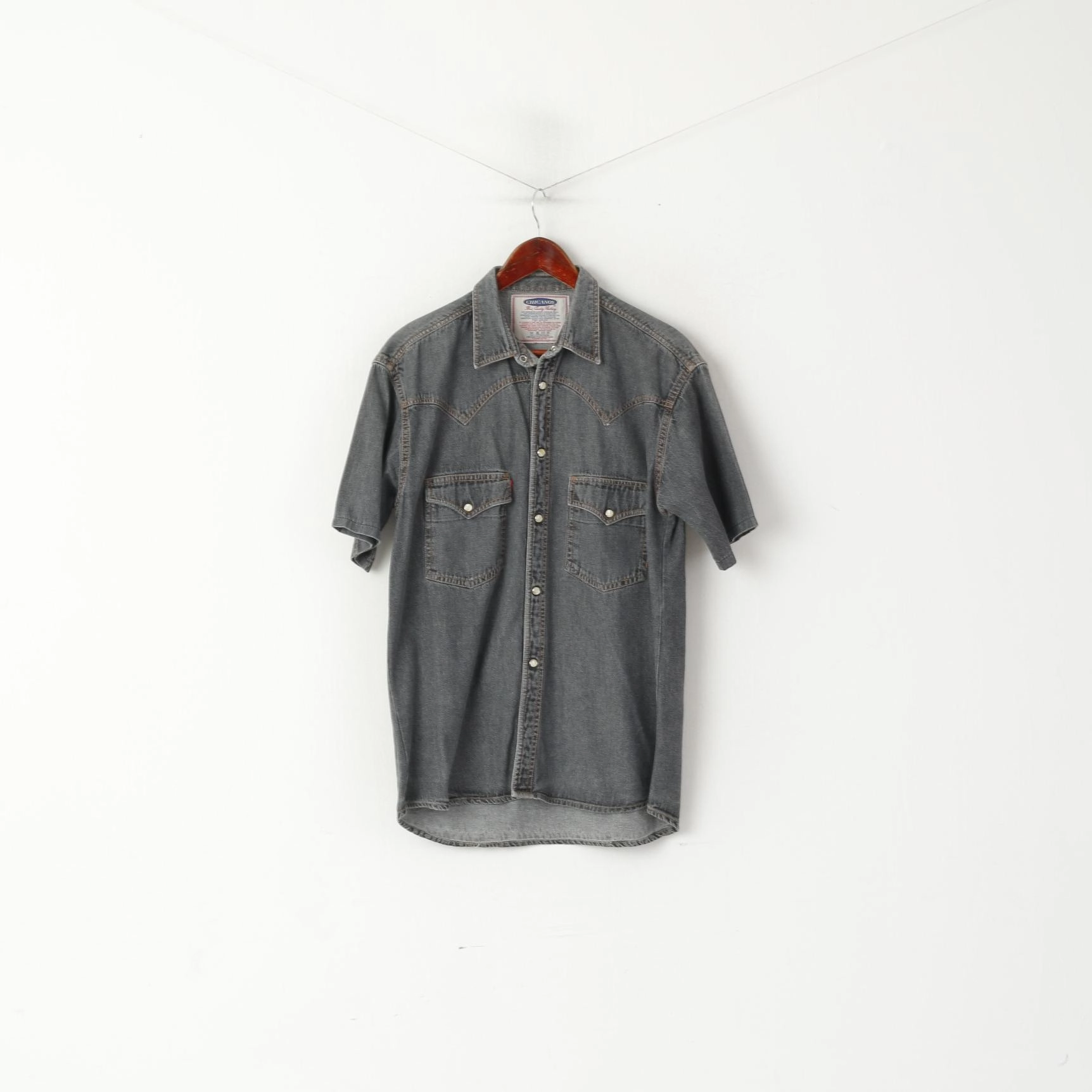 Gym Wear Chicanos Men M Casual Shirt Grey Denim Jeans Vintage Snap Western Cotton Top