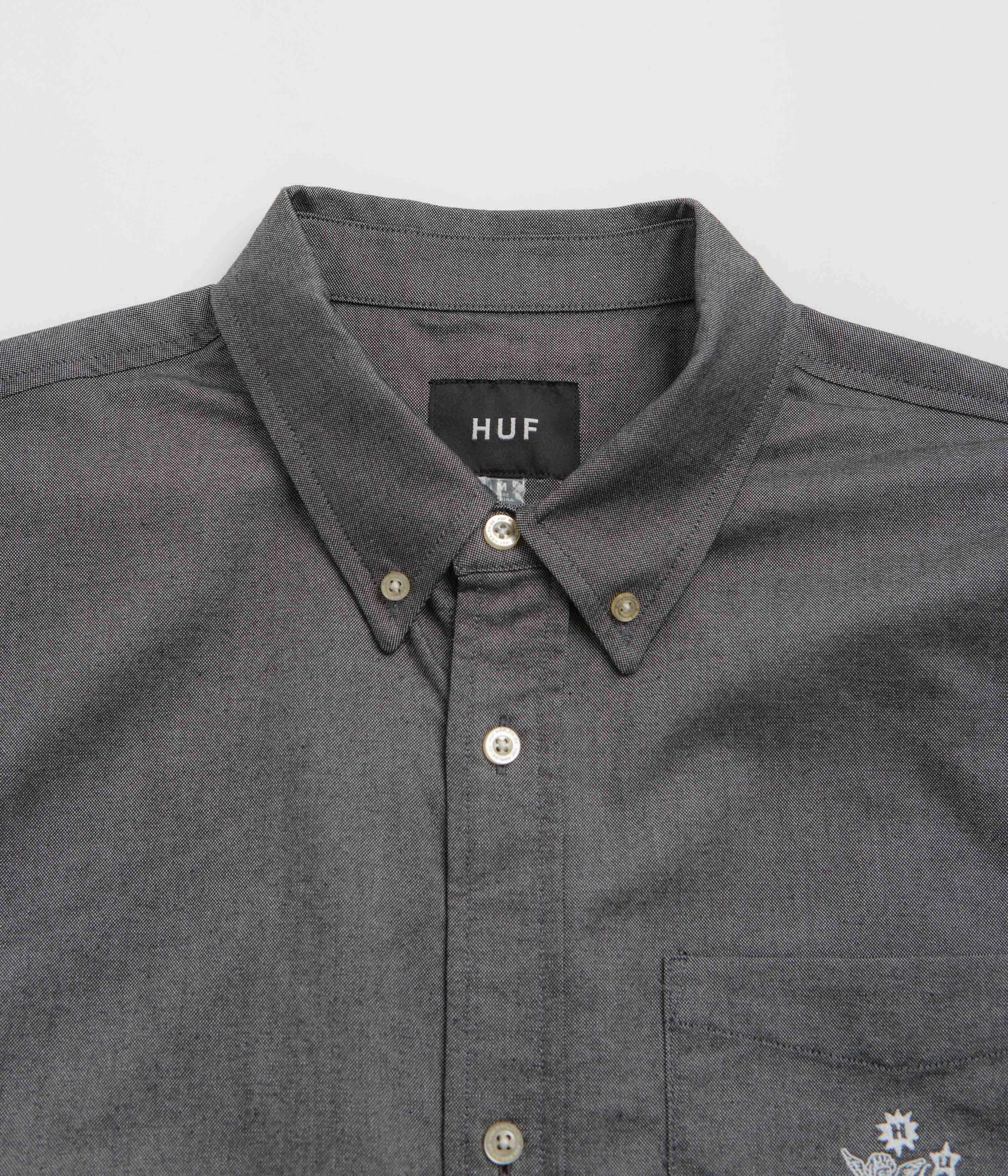 HUF Icarus Short Sleeve Oxford Shirt - Washed Black Backpacking Trip Edgy Design