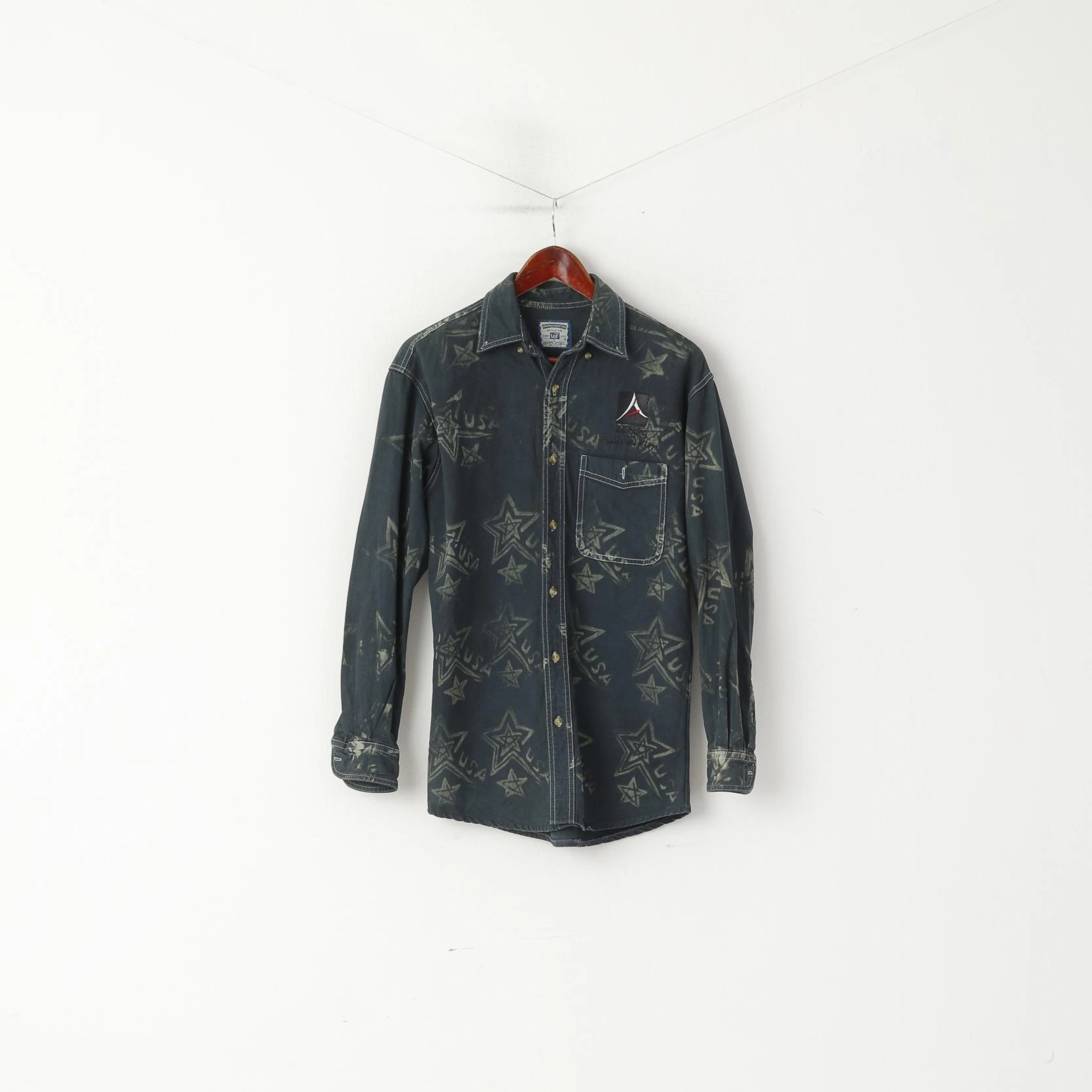 Youthful Style Lee Men S Casual Shirt Navy Denim Cotton USA Stars Printed Alliente Trails Long Sleeve Top