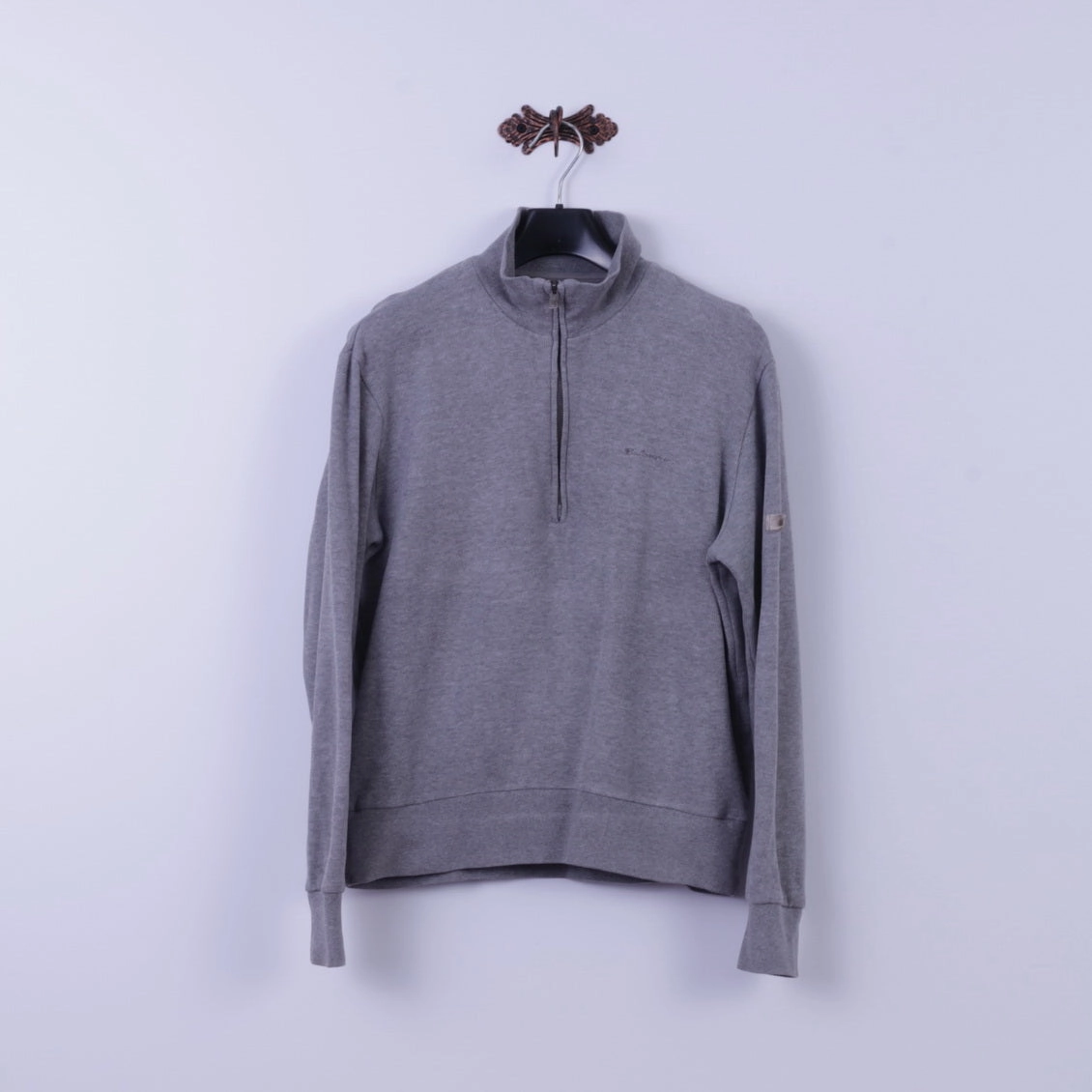 Ben Sherman Mens M Sweatshirt Grey 100% Cotton Zip Neck Classic Plain Top Outdoor Wear