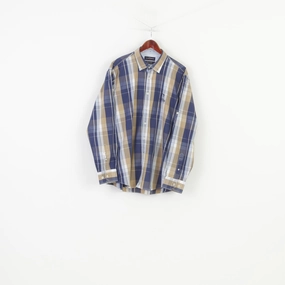 Claudio Campione Men XXL Casual Shirt Checkered Blue Brown Long Sleeve Classic Fit Cotton Top Anti Pill Treatment