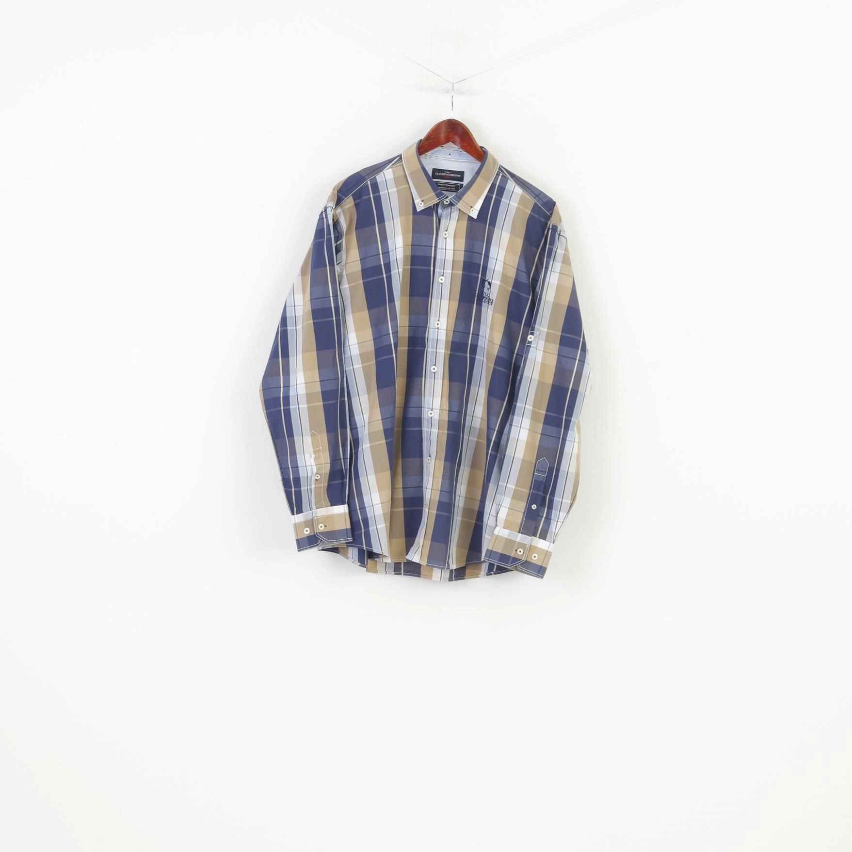 Claudio Campione Men XXL Casual Shirt Checkered Blue Brown Long Sleeve Classic Fit Cotton Top Anti Pill Treatment