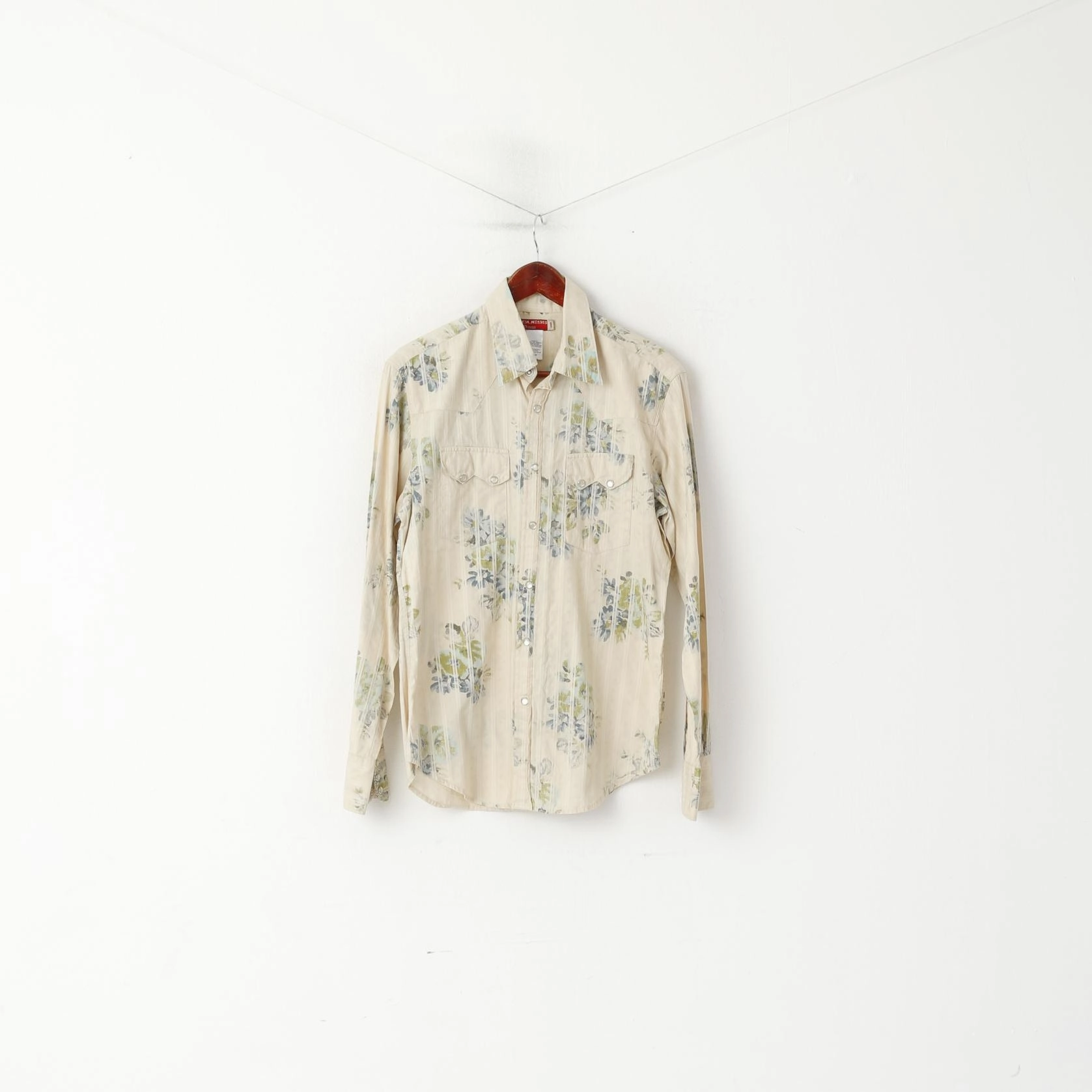 Smooth Finish Earthy Palette Guess Men S Casual Shirt Beige Floral Cotton Striped Vintage Long Sleeve Top