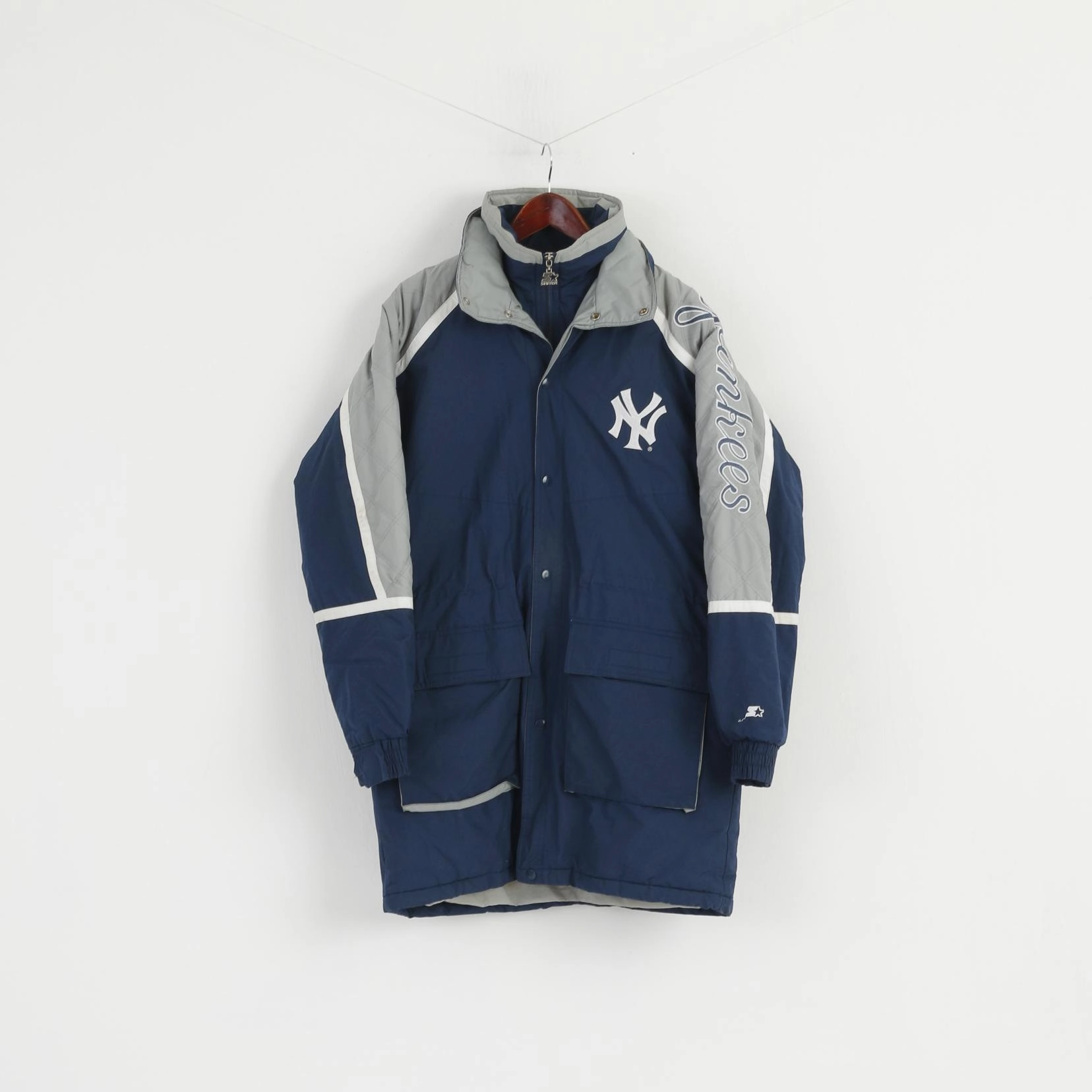 snap-up WaterResistantCoating STARTER New York Yankees Men M Jacket Navy Puffer Hood Zip Up NY Vintage Parka