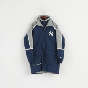 snap-up WaterResistantCoating STARTER New York Yankees Men M Jacket Navy Puffer Hood Zip Up NY Vintage Parka