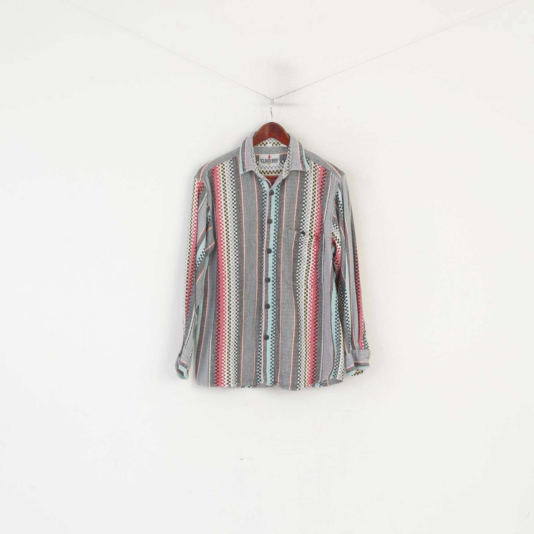 Soft Texture Abstract print Cloudy Bay Men 39 M Casual Shirt Gray Vintage Aztec Pocket Long Sleeve Top