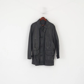 Cocci Vera Pele Men 50 M Jacket Black Leather Vintage Made in Italy Zip Up Parka Contacts Comb