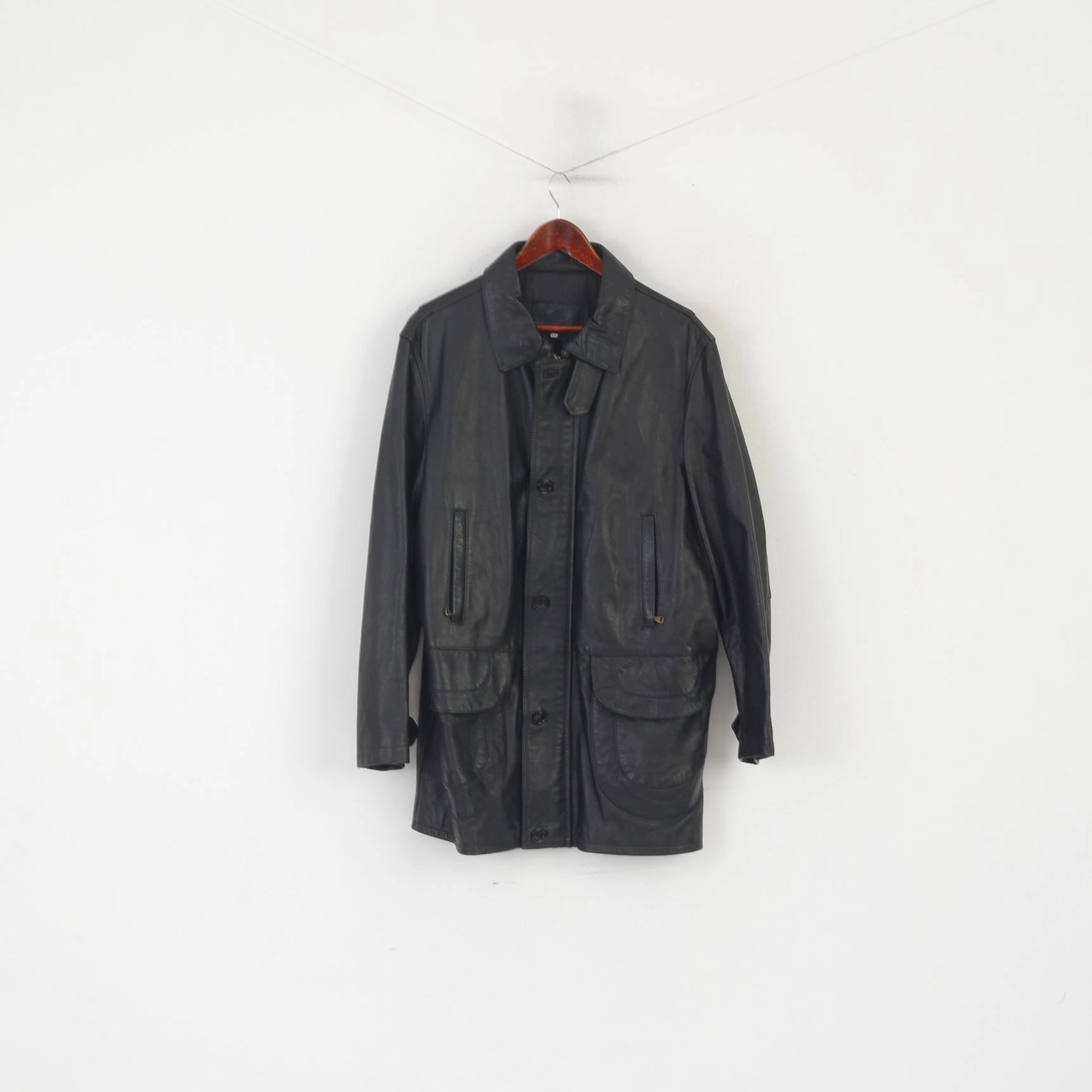 Cocci Vera Pele Men 50 M Jacket Black Leather Vintage Made in Italy Zip Up Parka Contacts Comb