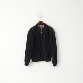 Echt Leder Men 54 L Bomber Jacket Black Vintage Leather Velour Biker Full Zipper Top Glamour