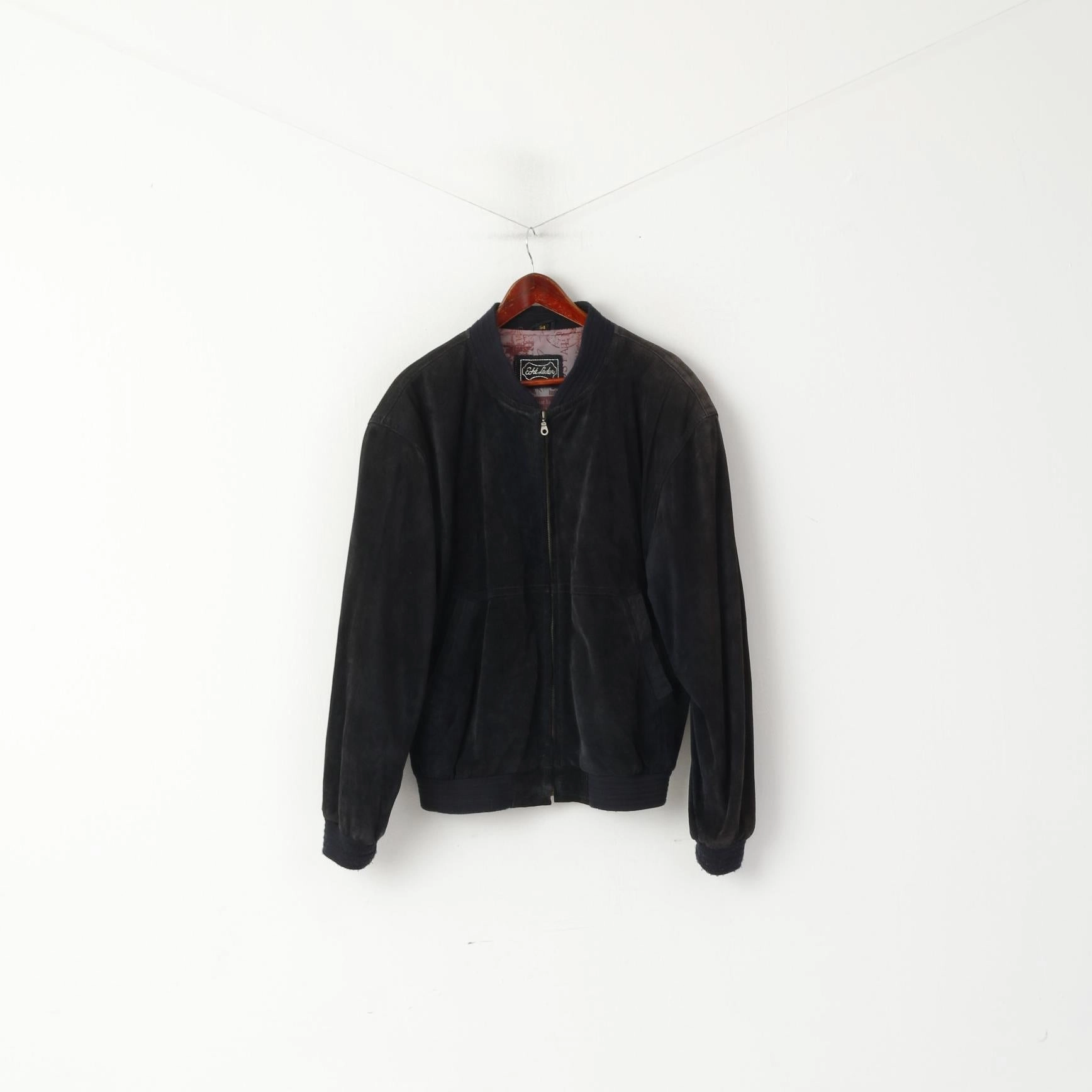 Echt Leder Men 54 L Bomber Jacket Black Vintage Leather Velour Biker Full Zipper Top Glamour