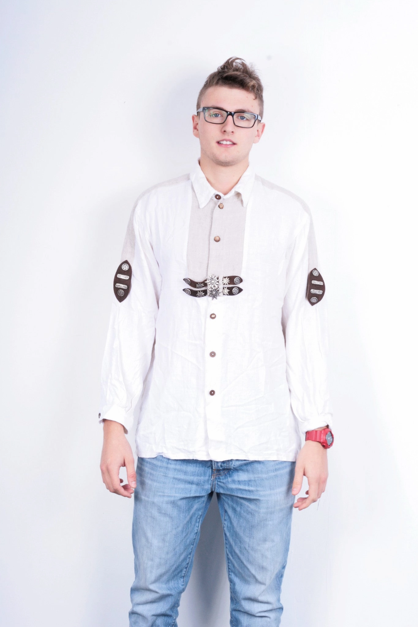 Mens 2XL Casual Shirt Tradition Alpen Beige Tirol Bavaria Austria Linen Workwear Essential