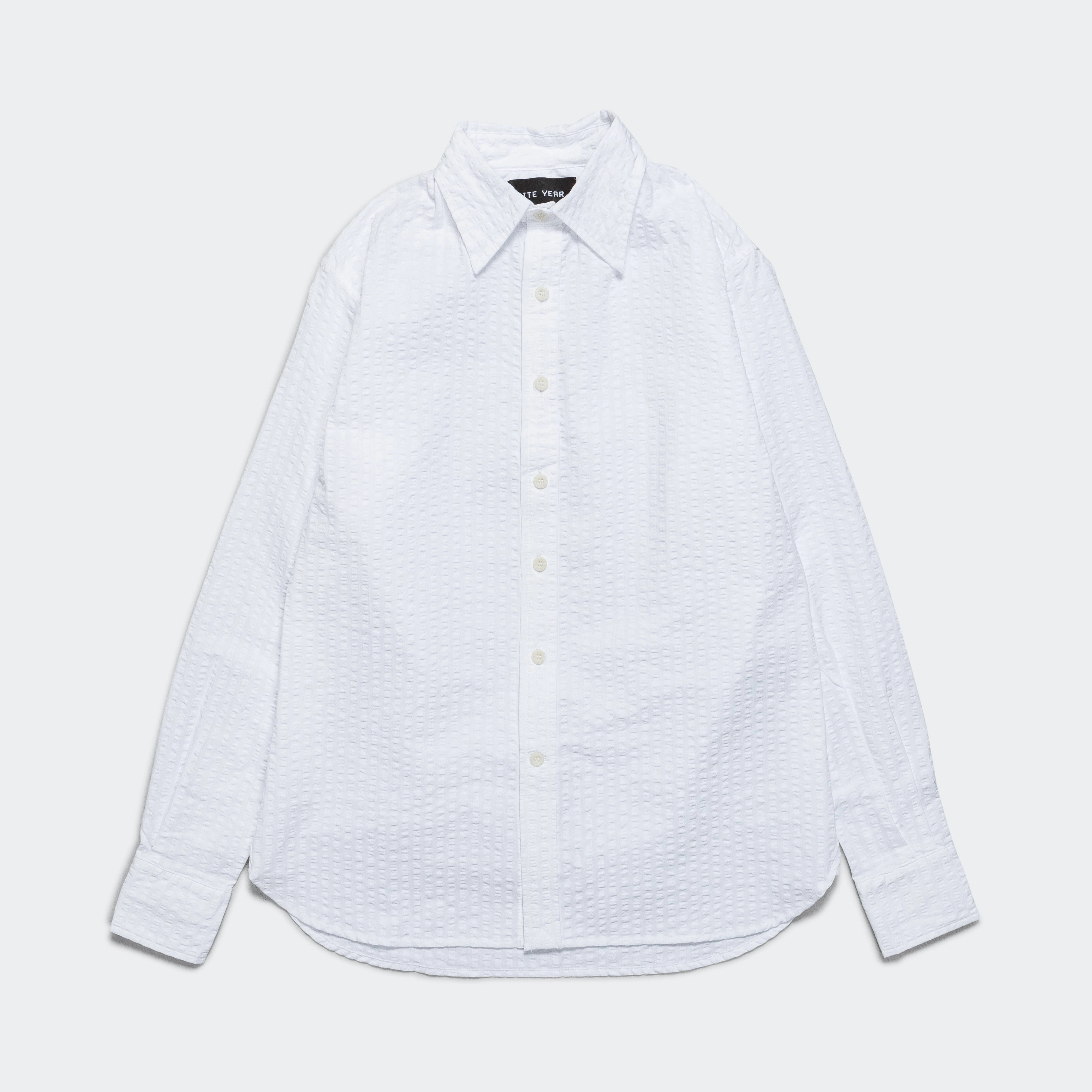 Smooth Cotton Blend Sustainable Material Wide Seersucker Button Up Shirt - White