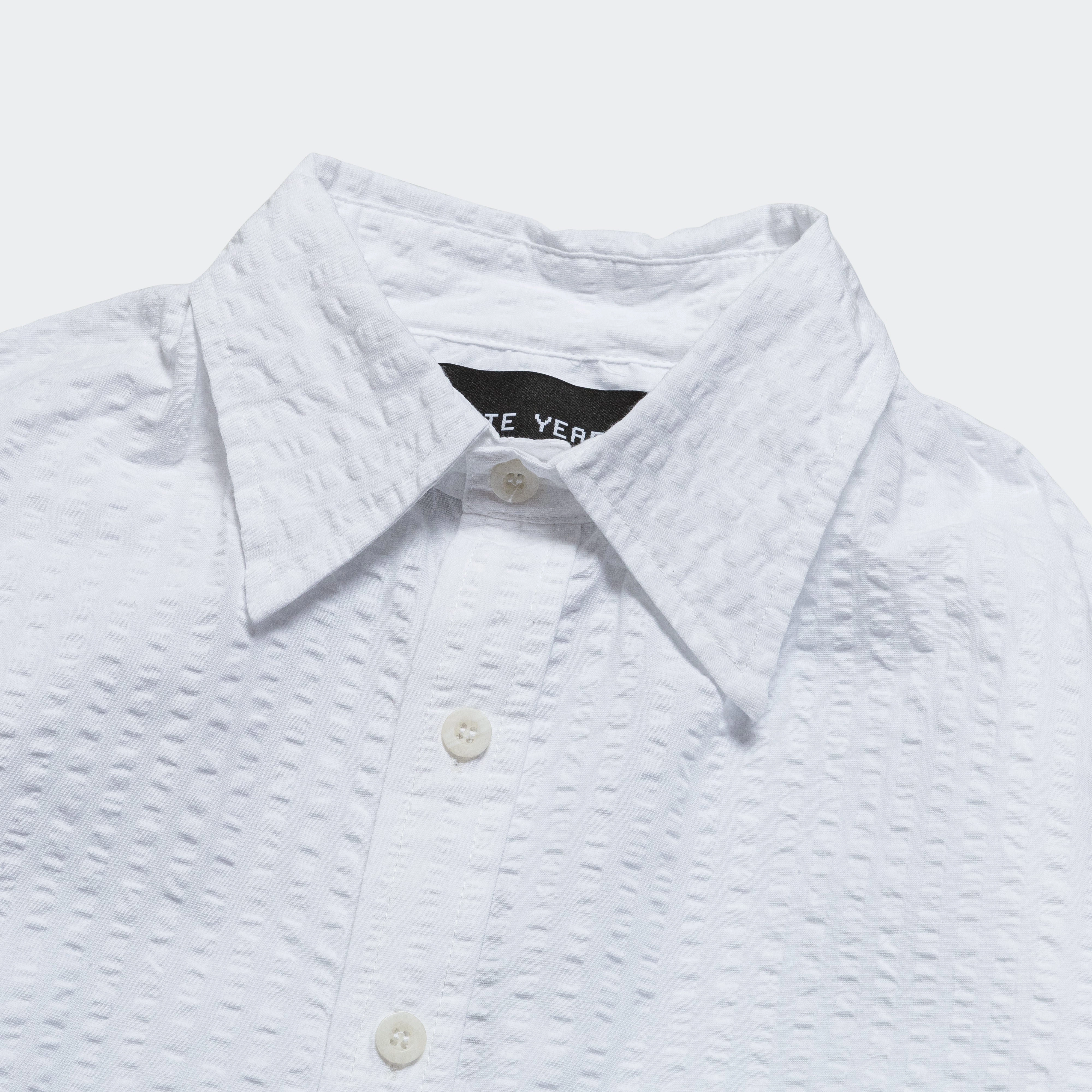 Wide Seersucker Button Up Shirt - White Everyday Outfit