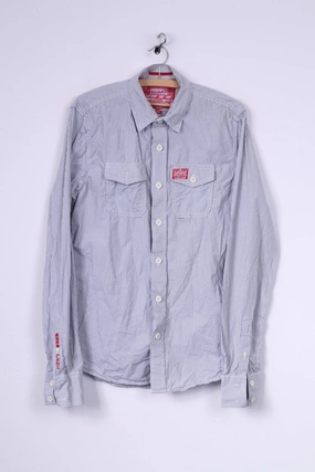 Winter Fashion Superdry Mens L Casual Shirt White Check Long Sleeve Cotton Top