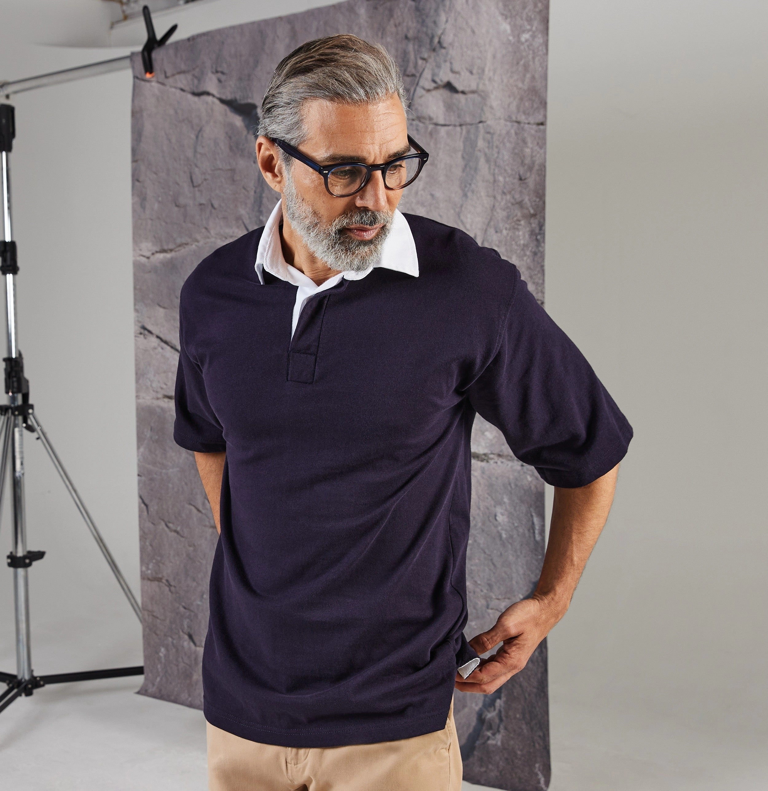 Compact Knit Structure Short Sleeve Rugby Shirt | NAVY