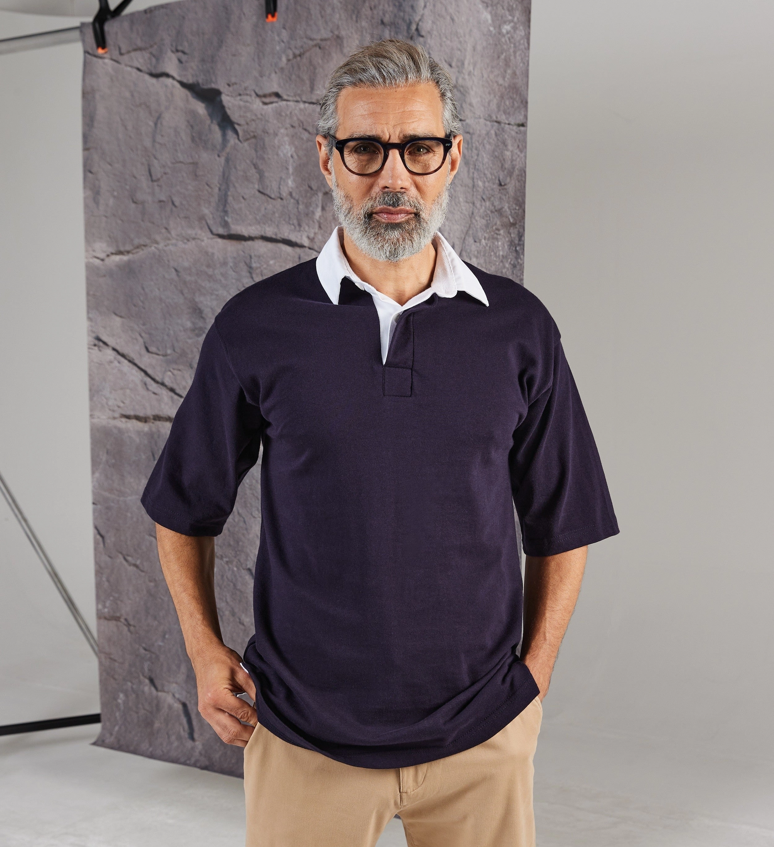 Durable Buttonholes Short Sleeve Rugby Shirt | NAVY