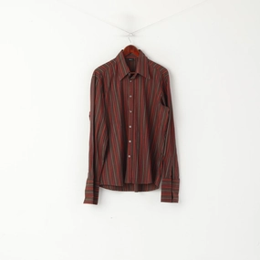 Hugo Boss Men L Casual Shirt Brown Striped Cotton Long Sleeve Cufflinks Top Button-up