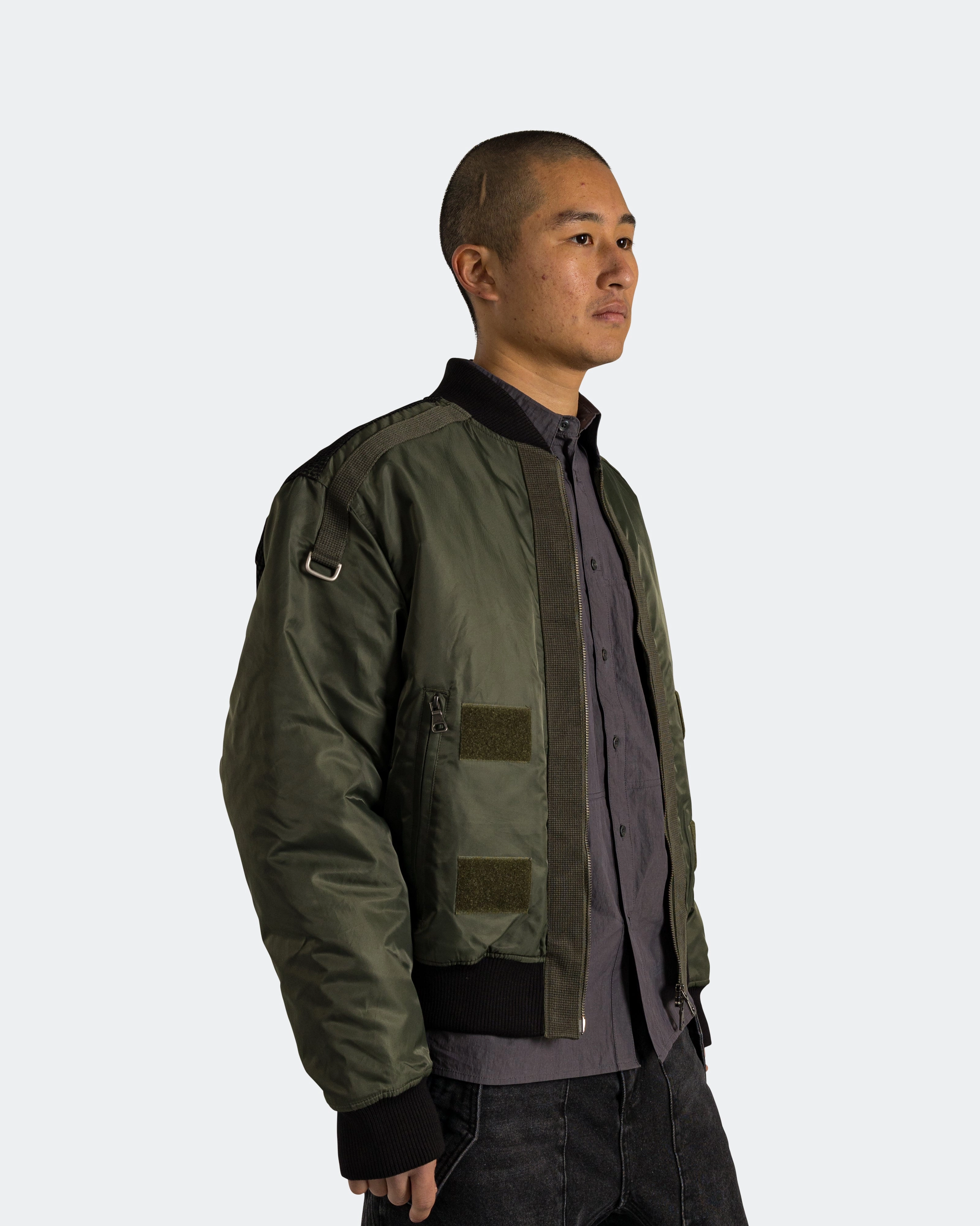 Cozy Design Flight Layered Washed Bomber Jacket - Khaki Green