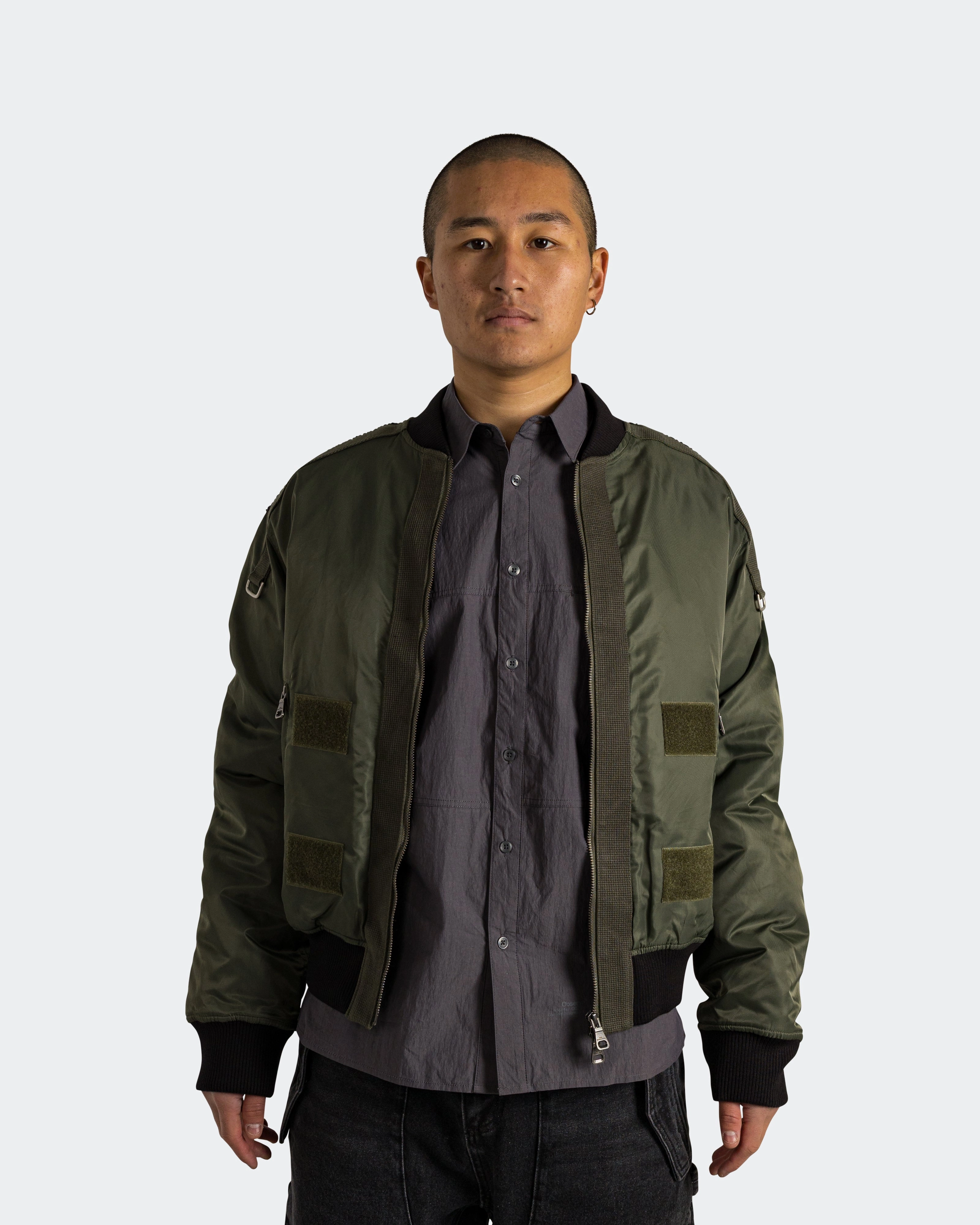 Compression Panels Cozy Hood Detail Flight Layered Washed Bomber Jacket - Khaki Green