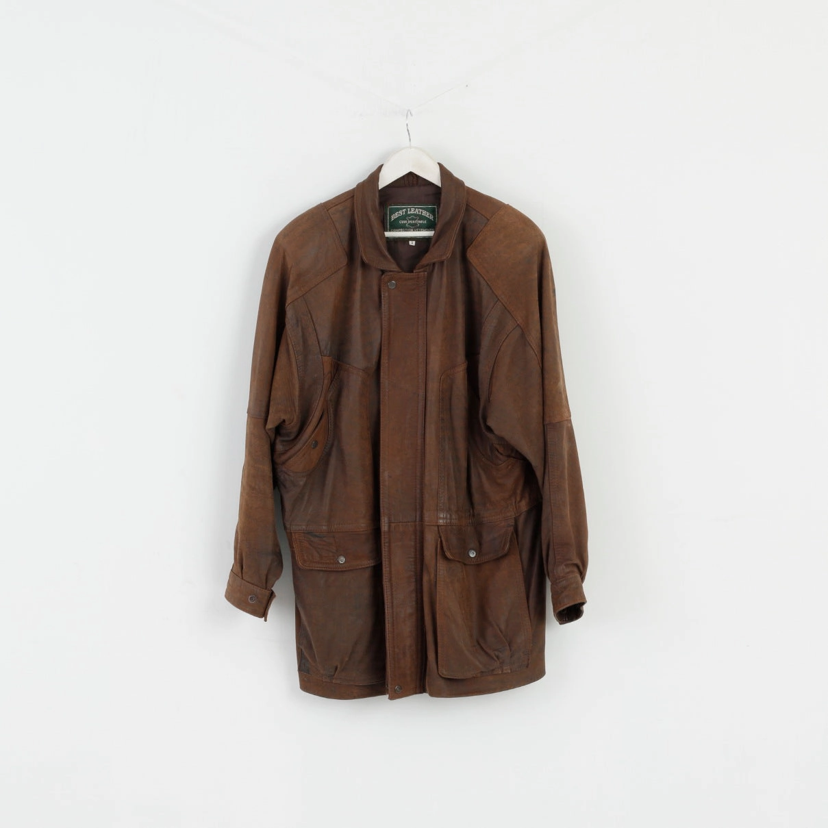 Confection Vetements Men 3 L Jacket Brown Leather  Full Zipper Shoulder Pads Top Convertible Collar Style