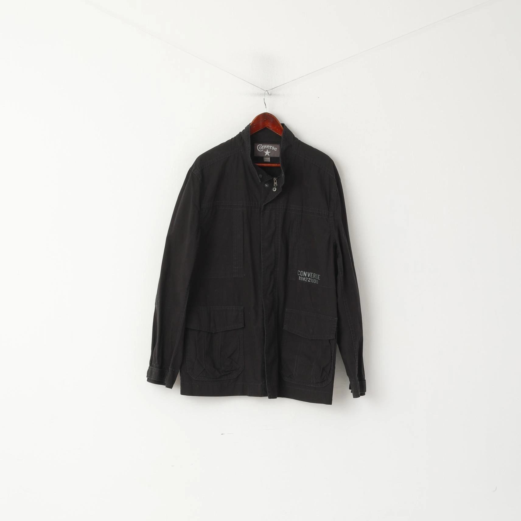 Converse Men XL Jacket Black Cotton Zip Up Pockets Skateboard Casual Lightweight Top Urban Protection Winter Look