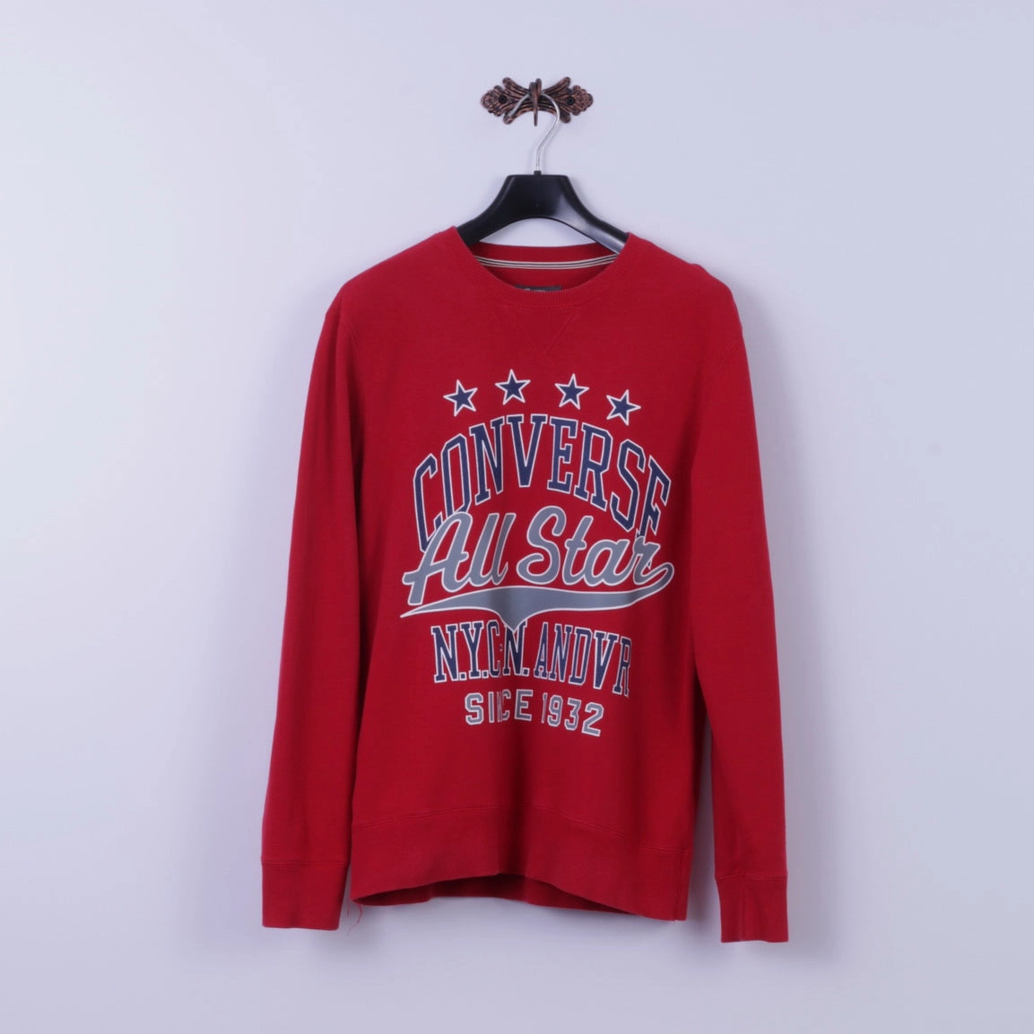 Fashion Essential Active Comfort Wear Converse Mens M Sweatshirt Red Cotton Blend Graphic All Stars NYC Crew Neck Top