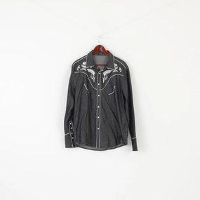 Abstract print Lightweight Comfort Coofandy Men L Casual Shirt Gray Emroidered Cotton Long Sleeve Western Top