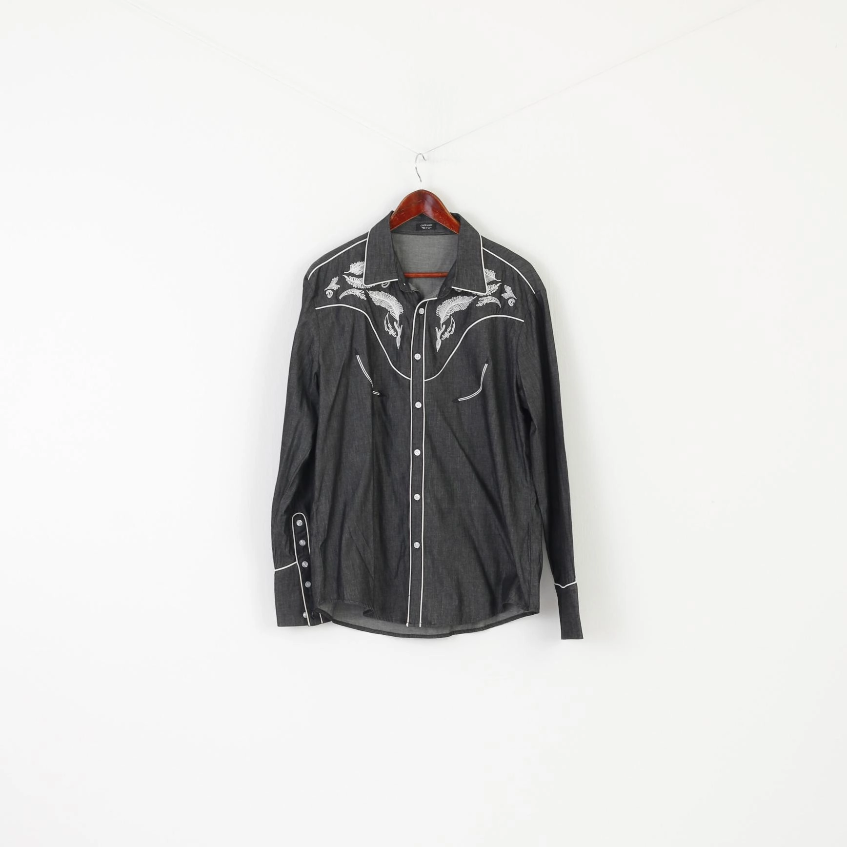 Abstract print Lightweight Comfort Coofandy Men L Casual Shirt Gray Emroidered Cotton Long Sleeve Western Top