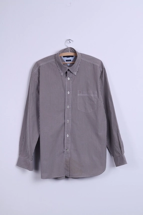 TOMMY HILFIGER Mens L Casual Shirt Long Sleeve Brown Check Button Down Collar Breathable back panel formal dinner