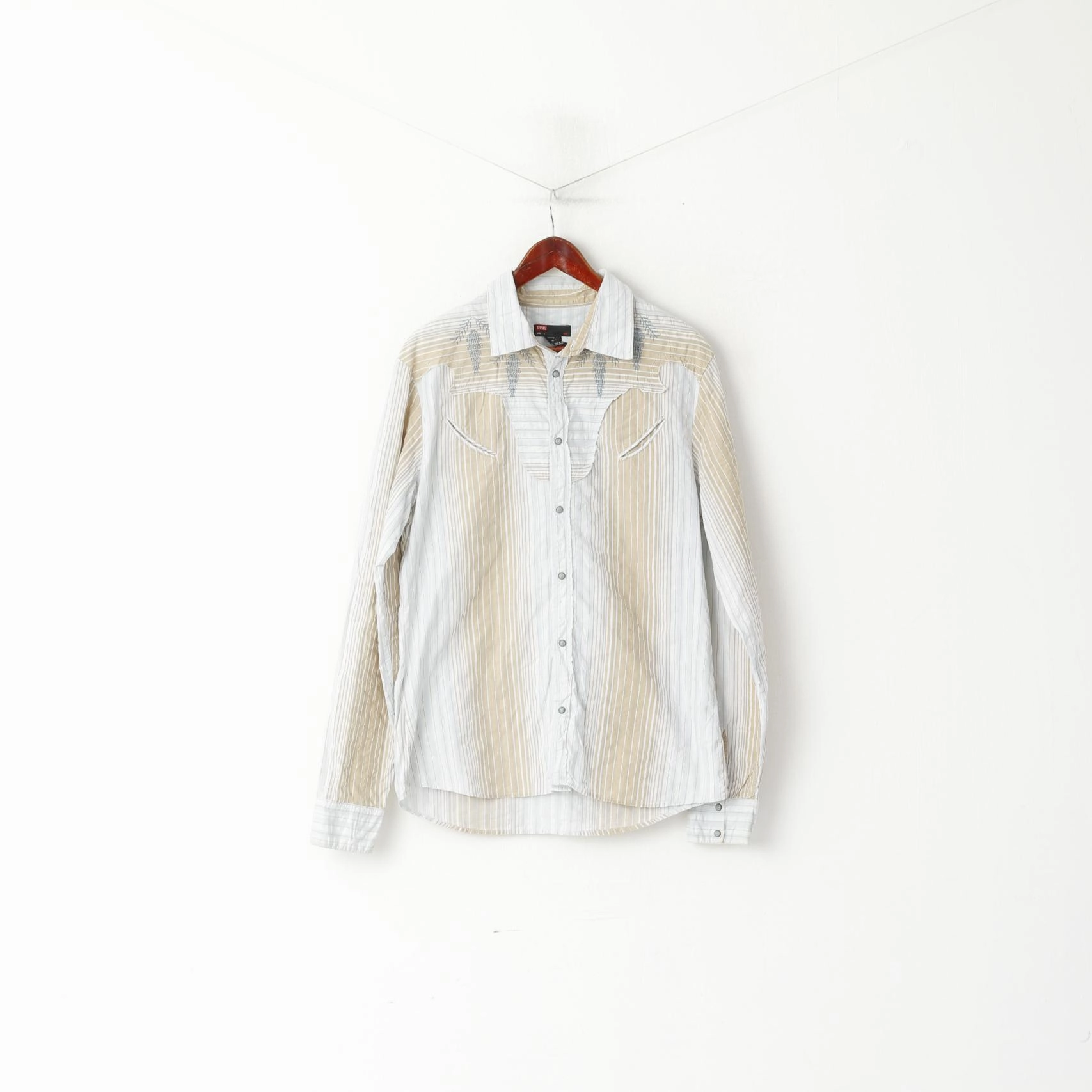 Diesel Men L Casual Shirt Blue Beige Striped Cotton Emroidered Snap Western Top Layering Piece Thermal Regulation Fabric