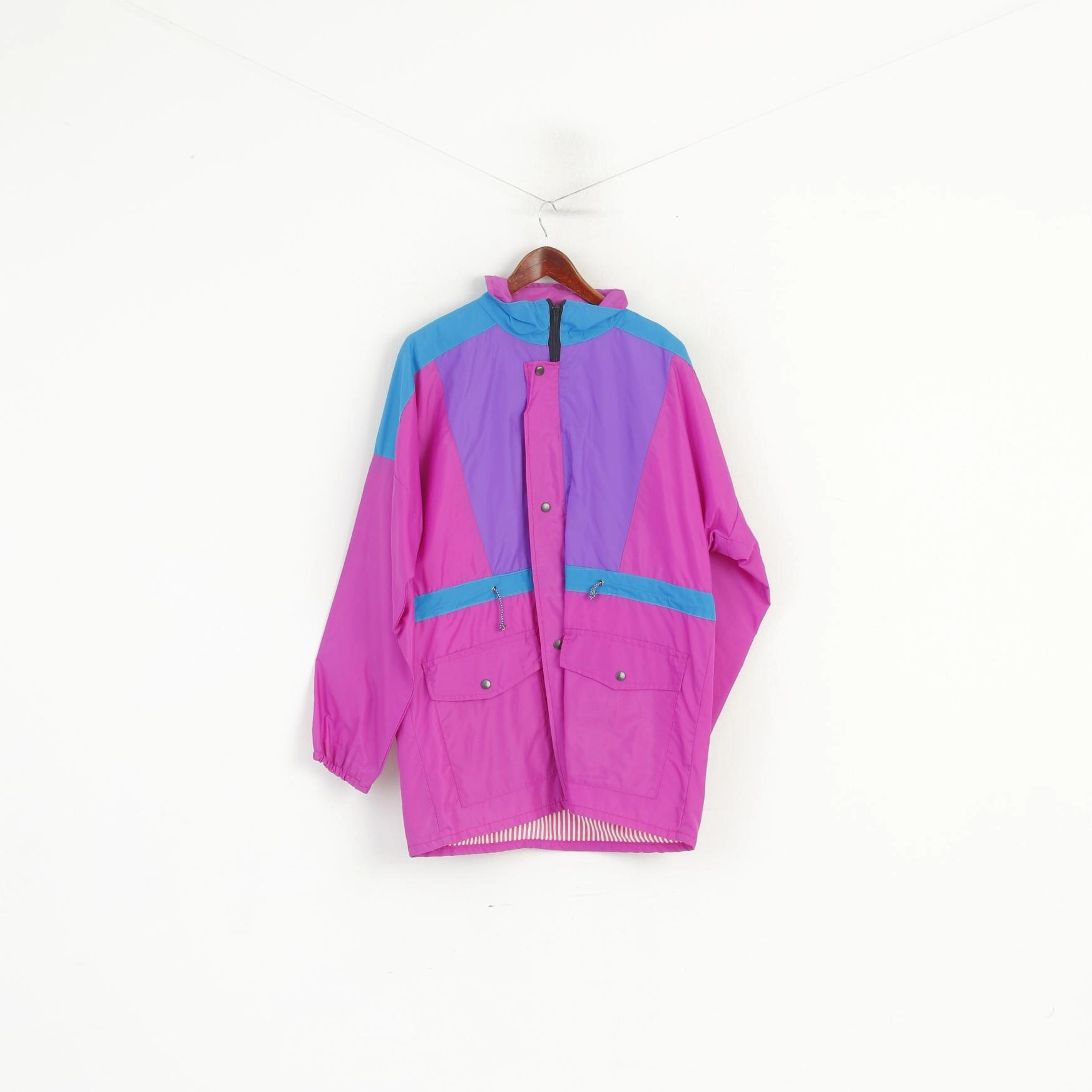 Rugged Durability Reflective Detail Vintage Men M Jacket Pink Nylon Waterproof  Full Zipper Hidden Hood Retro Festival