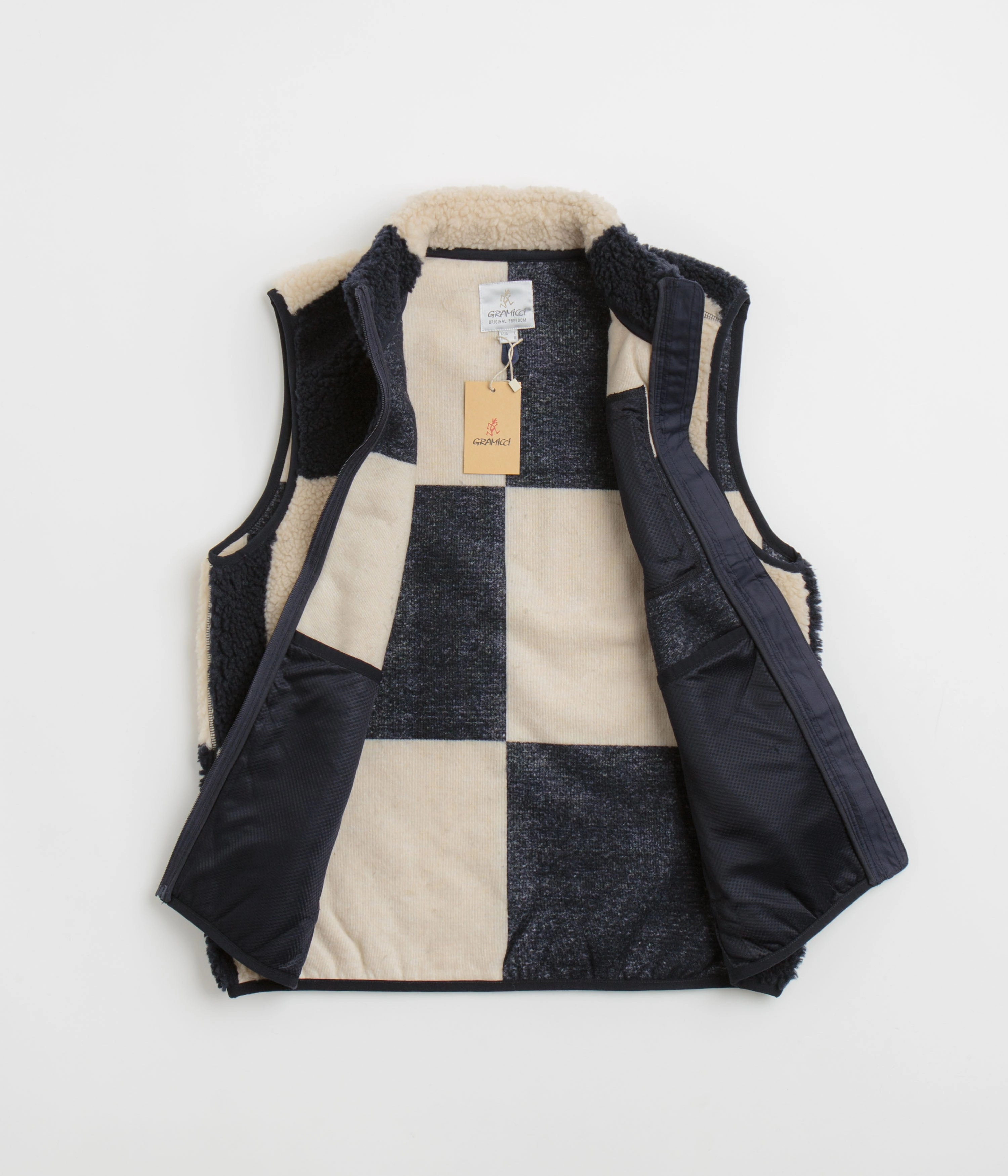 Winter Hike Gramicci Checkered Sherpa Vest - Natural / Navy Check