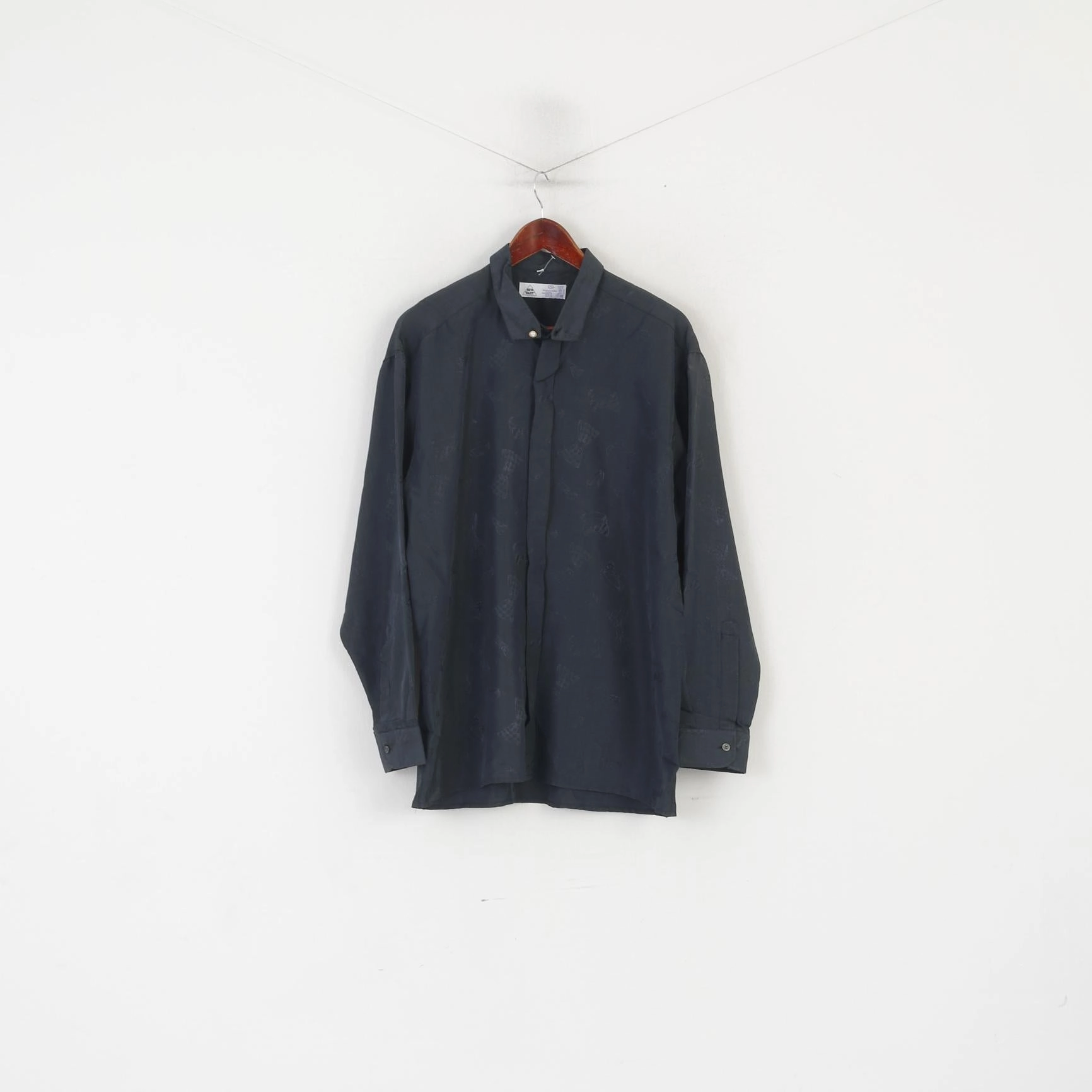 No Bulk Layering System formal dinner C&A New Fast Men 42 L Casual Shirt Charcoal Viscose Bow Print Long Sleeve Top