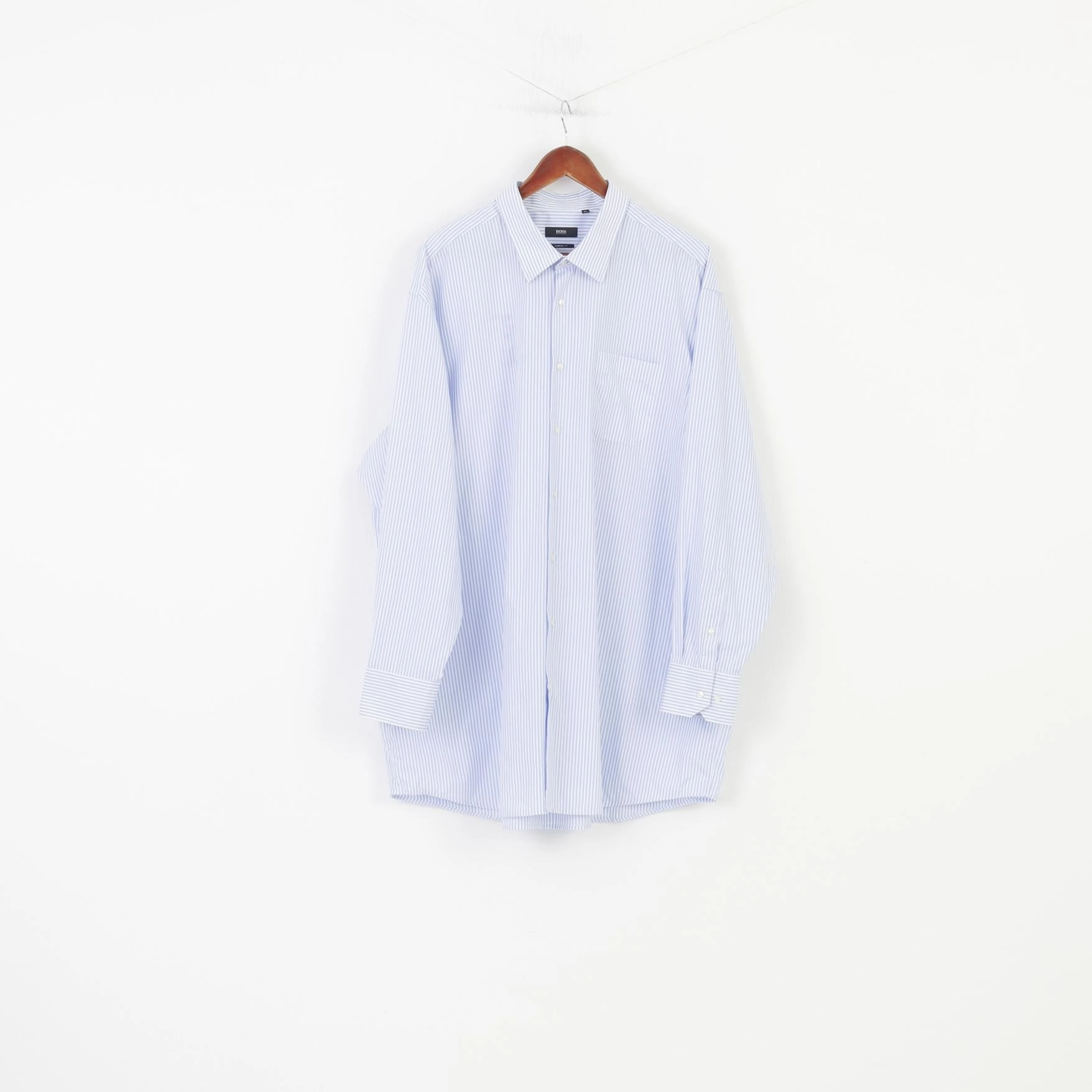 Anti Static Treatment Street Fashion Hugo Boss Men 49 19 1/2 Casual Shirt Striped Blue Long Sleeve Fit Cotton Top