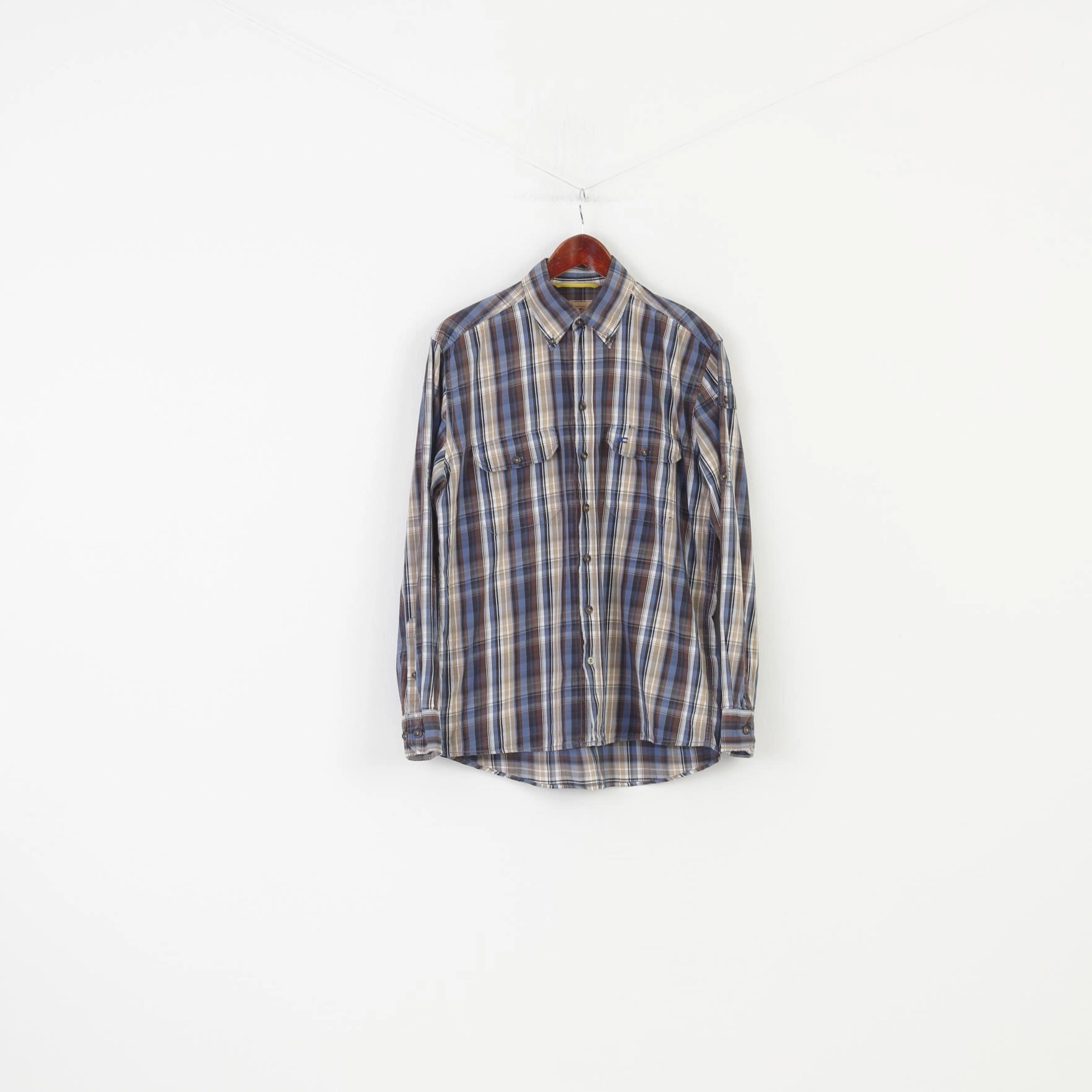 Camel Active Men M Casual Shirt Checkered Blue Brown Collar Cotton  Long Sleeve Top Premium Feel