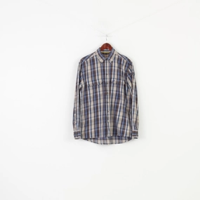 Camel Active Men M Casual Shirt Checkered Blue Brown Collar Cotton  Long Sleeve Top Premium Feel