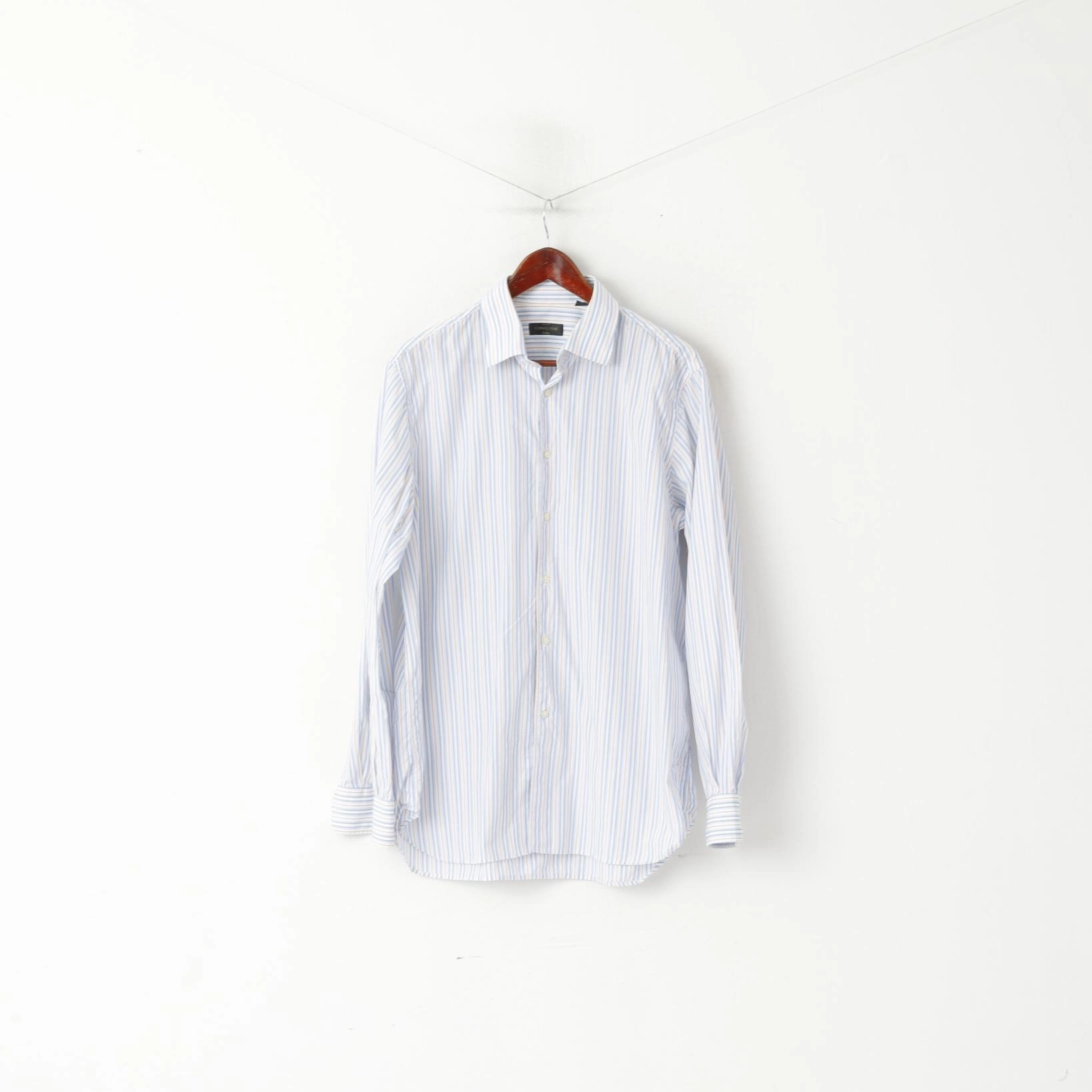 Odor Control Fabric Corneliani Men 17 43 L Casual Shirt Blue Striped Cotton Made in Italy Long Sleeve Top