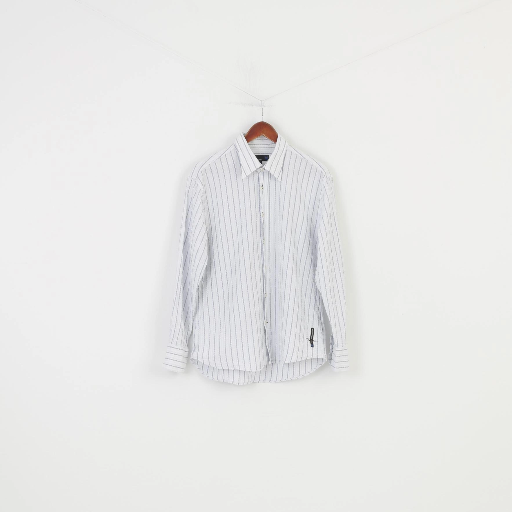 Duck And Cover Men XL Elegant Shirt  Cotton Striped White Light Blue Collar Long Sleeve Buttons Top Weekend Casual Travel Essential